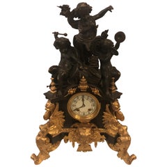 One of a Kind French Patinated and Dore Bronze Figural Mantle Clock