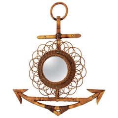 One of a Kind French Riviera Rattan 
Bamboo Anchor Sunburst Wall Mirror, 1950s