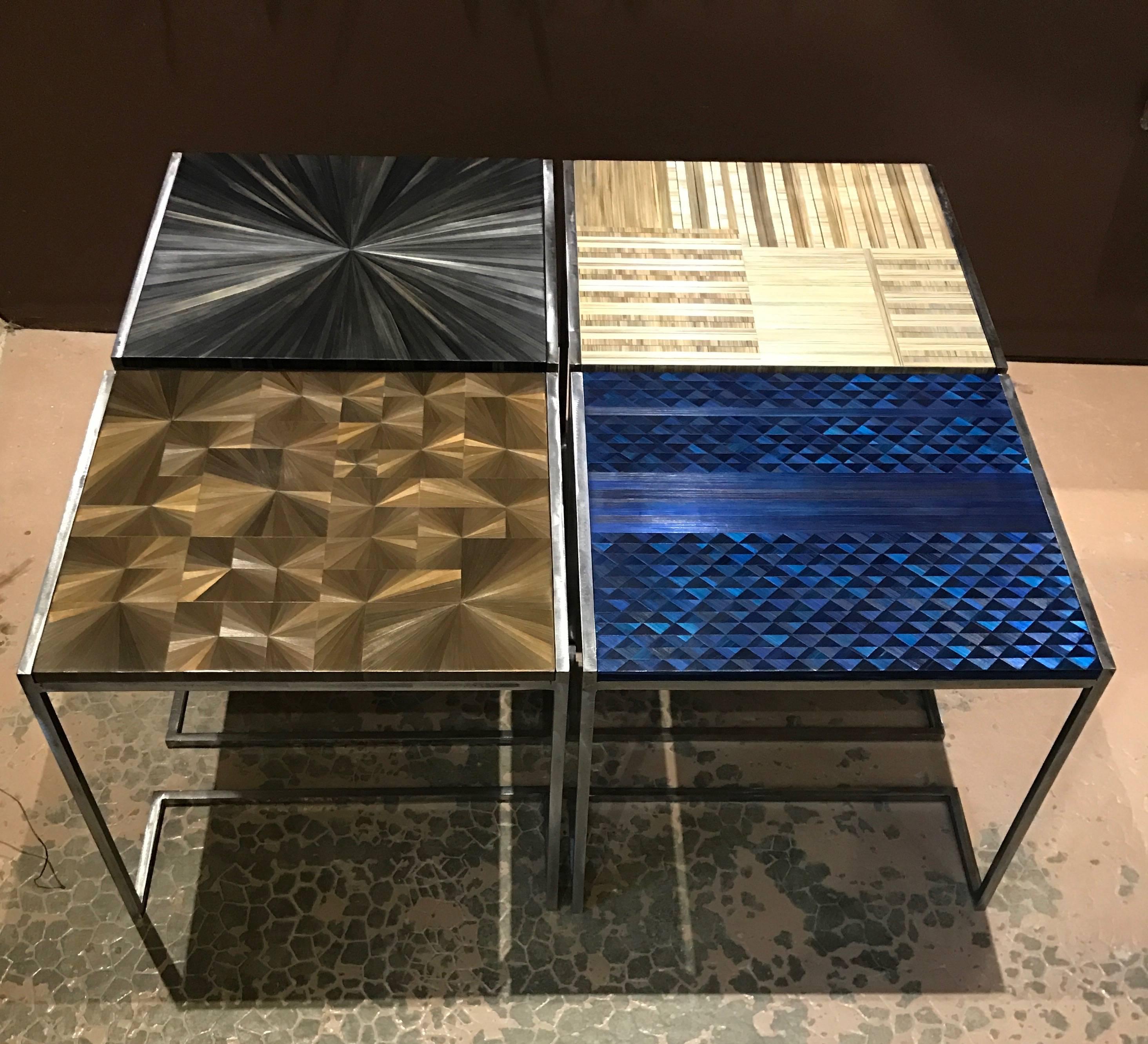 One of a kind elegant bronze straw marquetry table, structure in waxed stainless steel
handmade creation by the artist using ancient techniques, France.

Four different tables that can be purchased by 1, 2, 3 or 4
They have the same size but