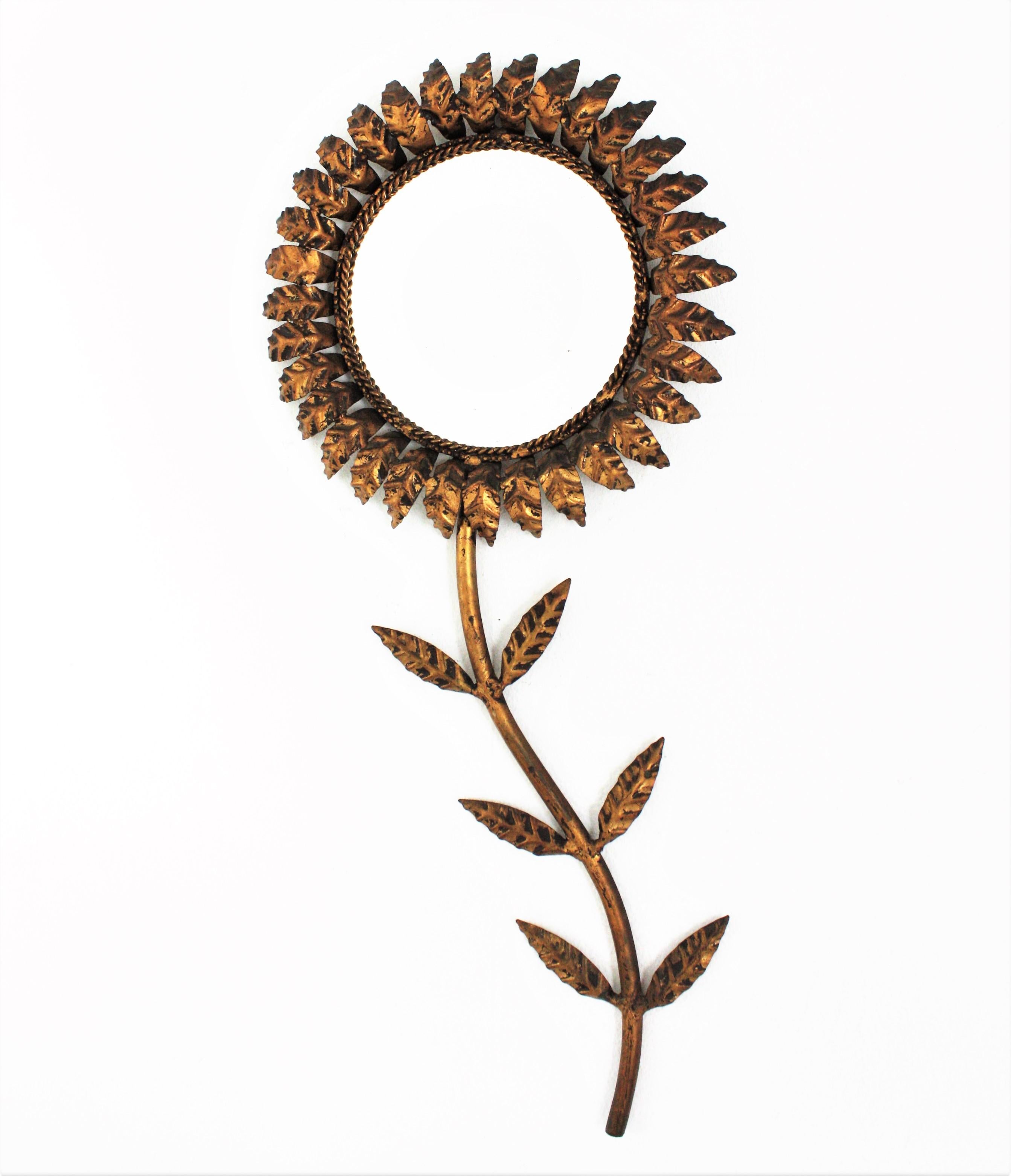 20th Century French Sunburst Flower Mirror Wall Decoration, Gilt Iron For Sale