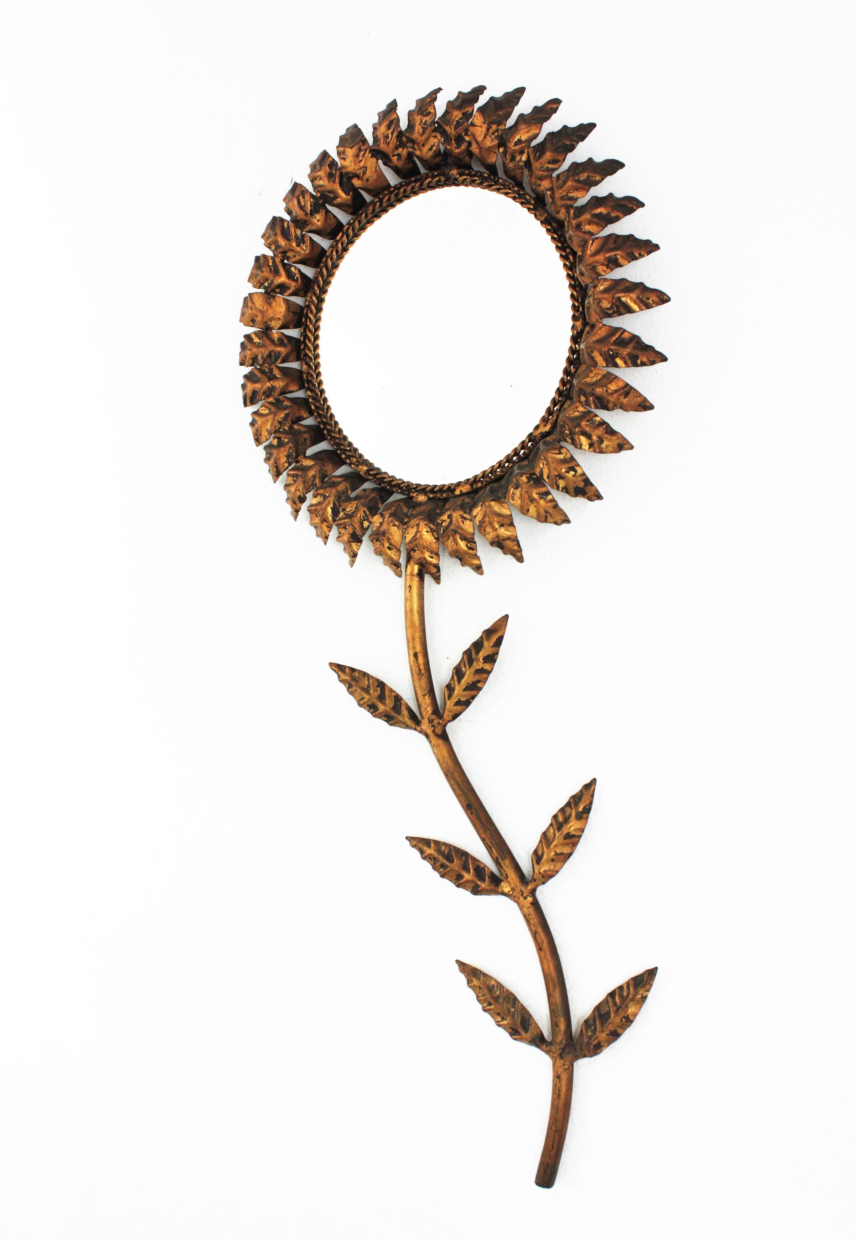 French Sunburst Flower Mirror Wall Decoration, Gilt Iron For Sale 1