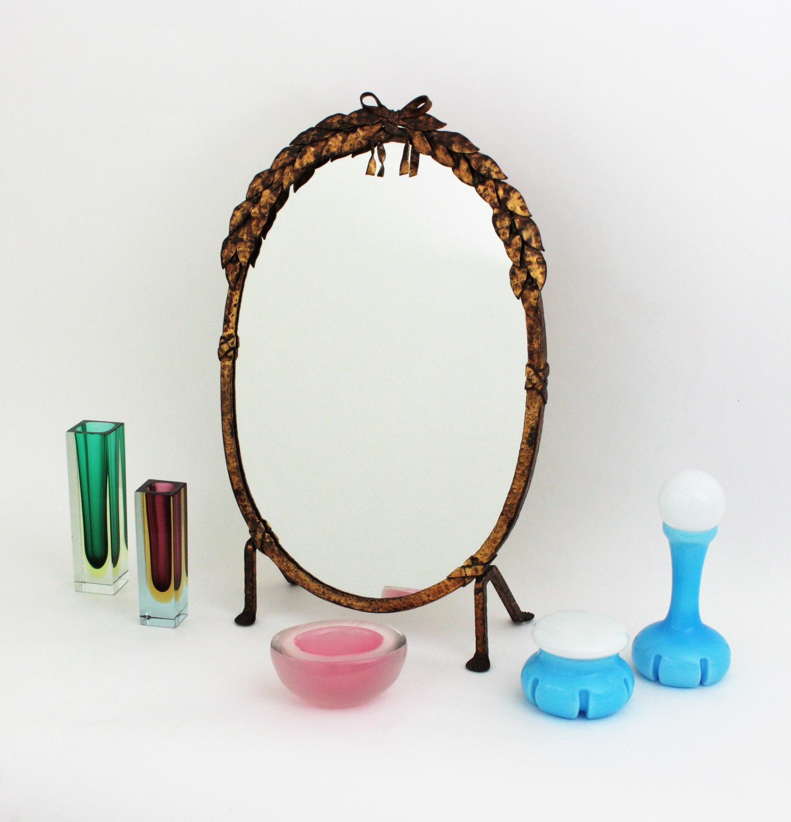 French Vanity Mirror in Gilt Hand Forged Iron, 1940s For Sale 3