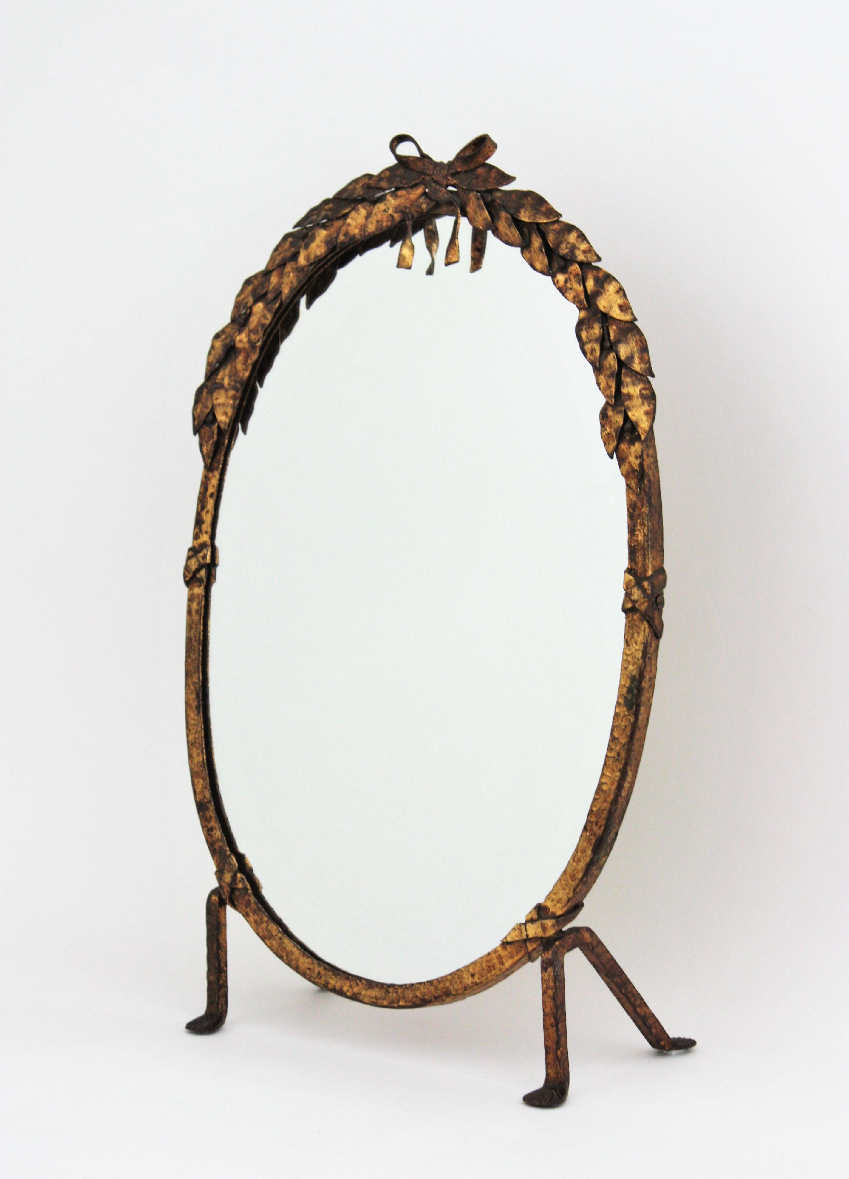 Art Deco French Vanity Mirror in Gilt Hand Forged Iron, 1940s For Sale