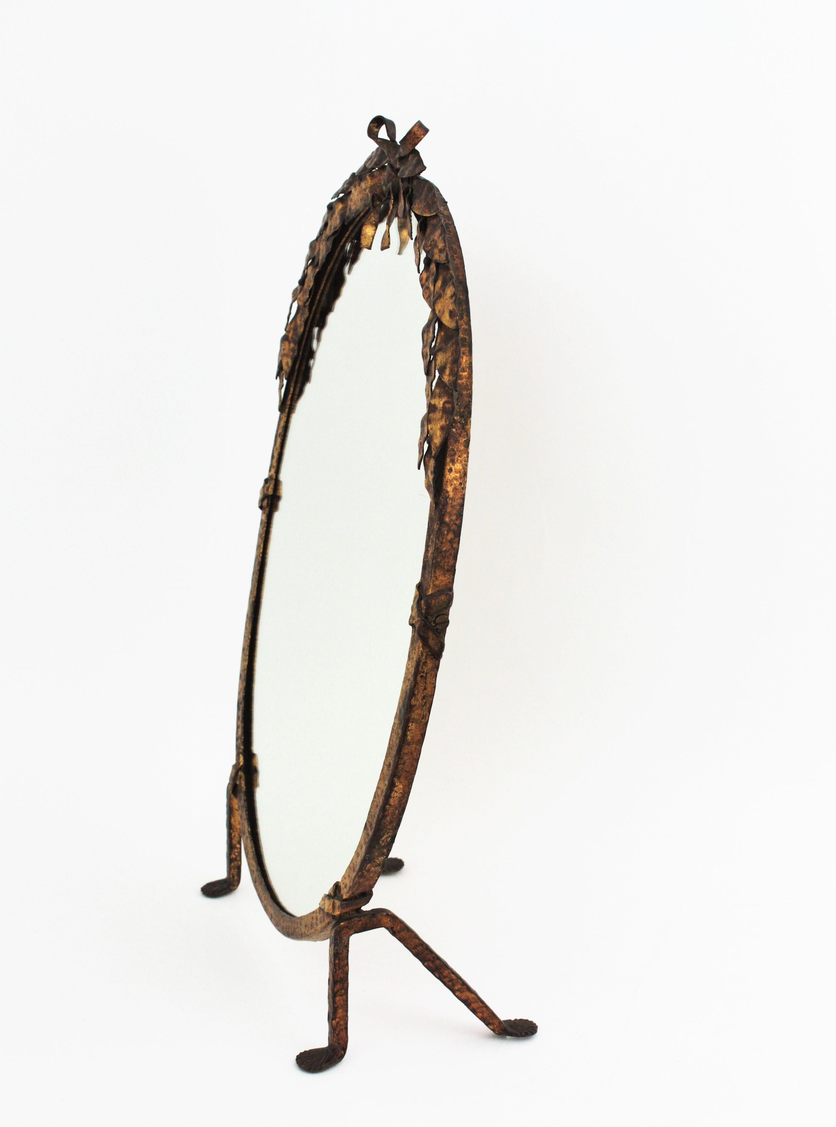 20th Century French Vanity Mirror in Gilt Hand Forged Iron, 1940s For Sale