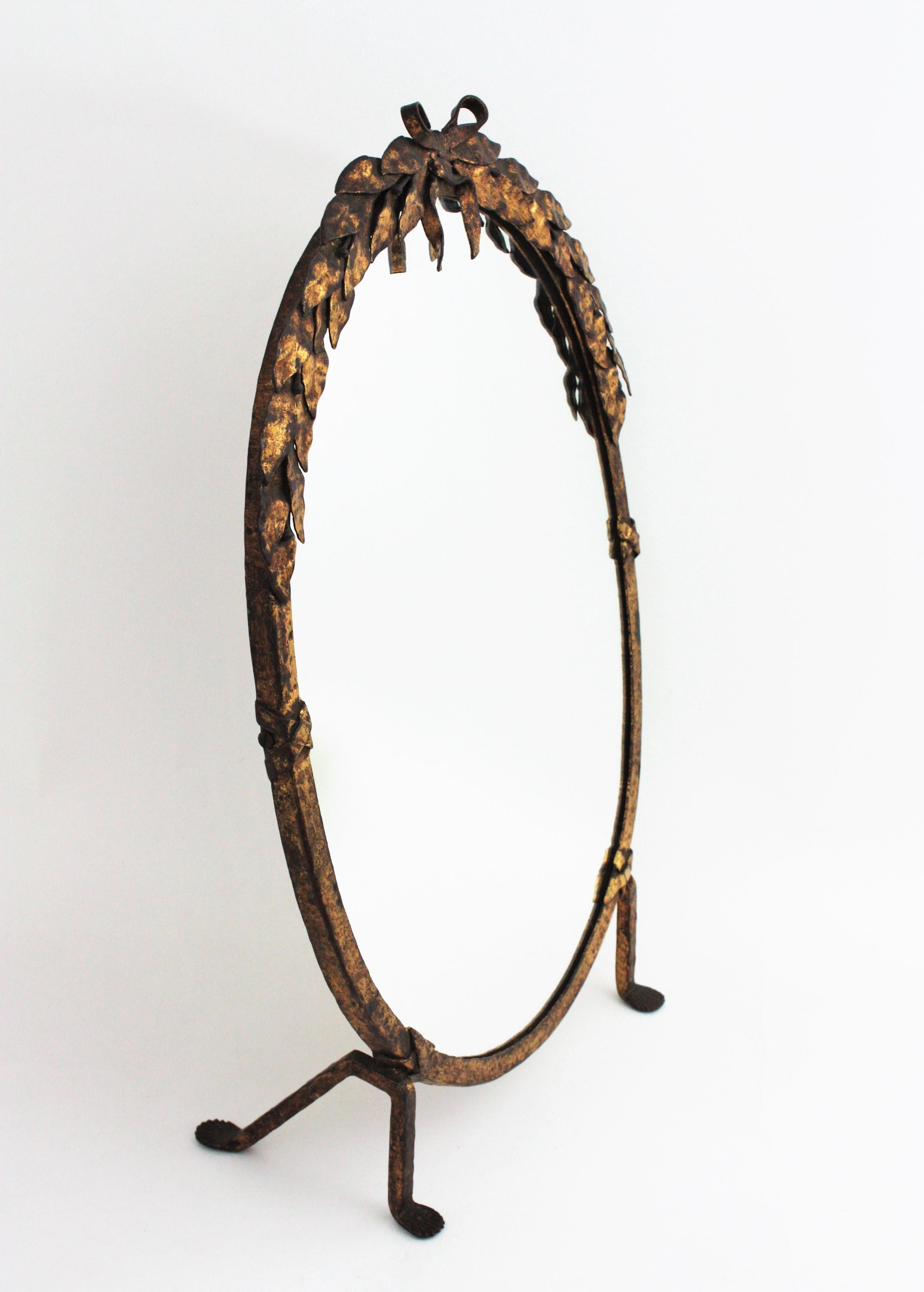 Wrought Iron French Vanity Mirror in Gilt Hand Forged Iron, 1940s For Sale