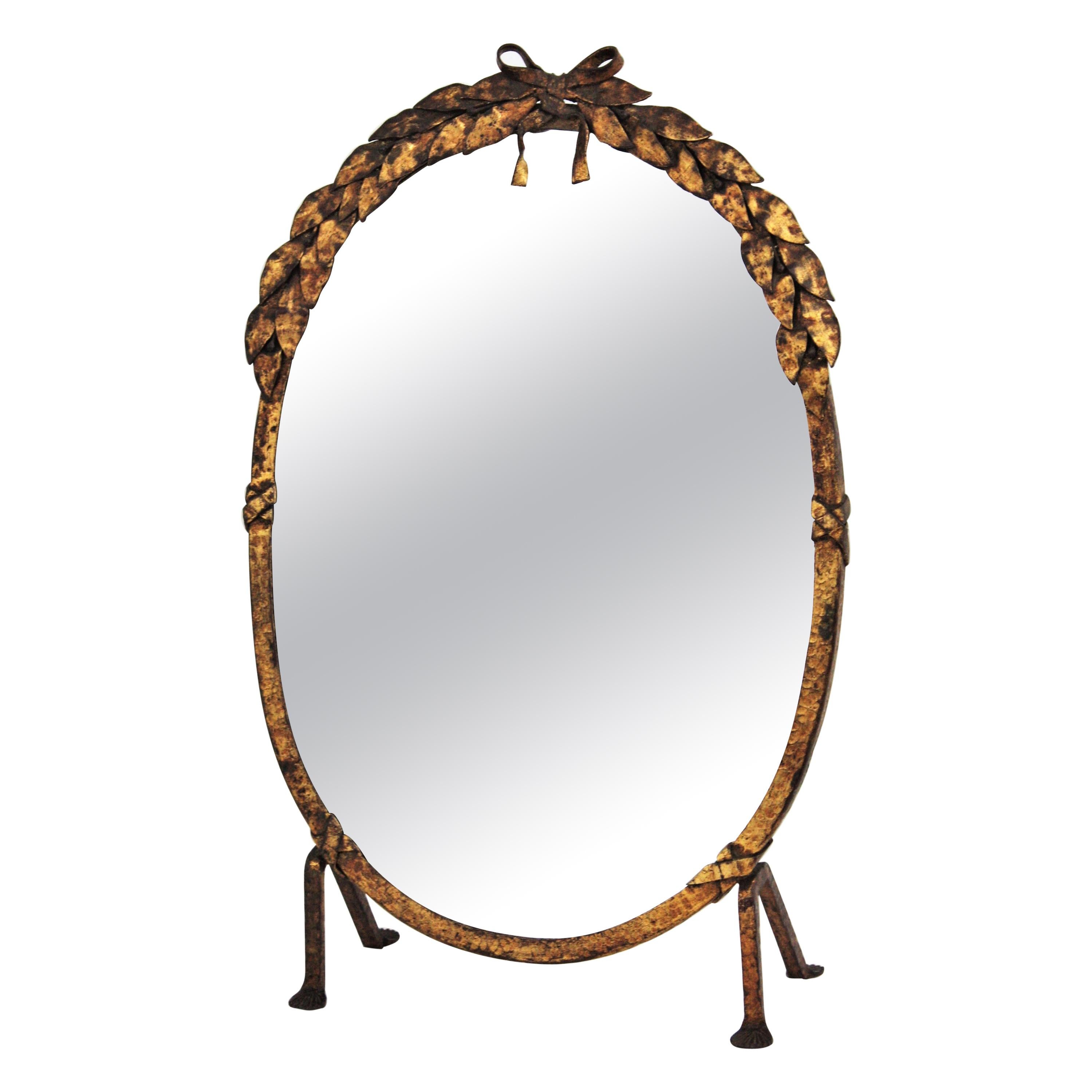 French Vanity Mirror in Gilt Hand Forged Iron, 1940s