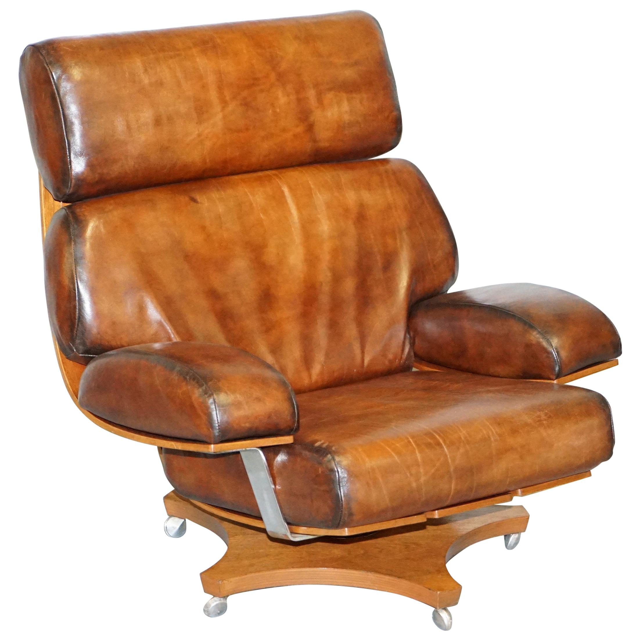 One of a Kind Fully Restored Hand Dyed Brown Leather G Plan Housemaster Armchair For Sale