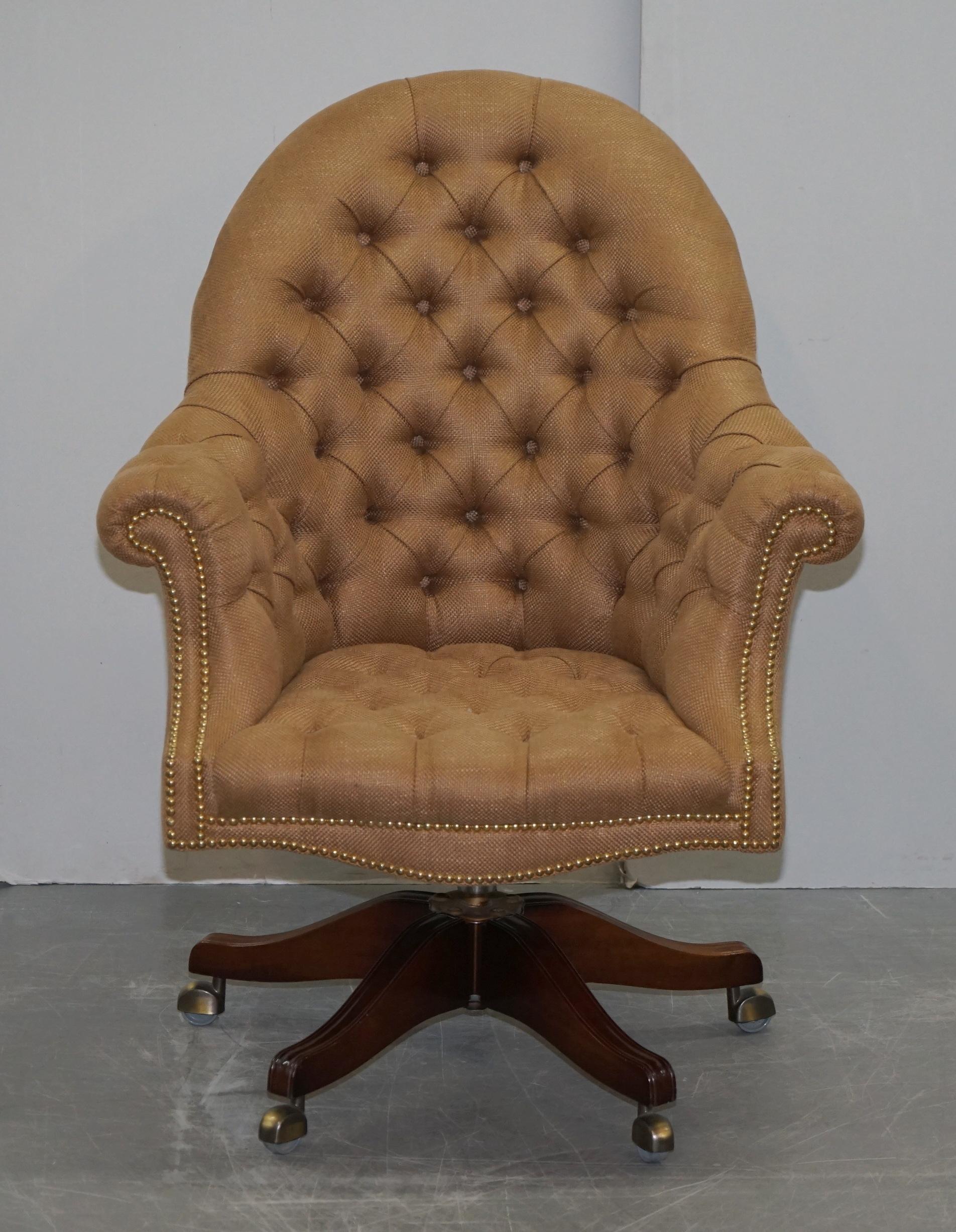 We are delighted to offer for sale this lovely one of a kind Chesterfield button Directors armchair upholstered in plush woven linen 

A very good looking well made and comfortable directors chair. This is the only one I have ever seen upholstered