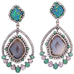 18.3 Carat Opal Diamond Emerald Geode Earrings