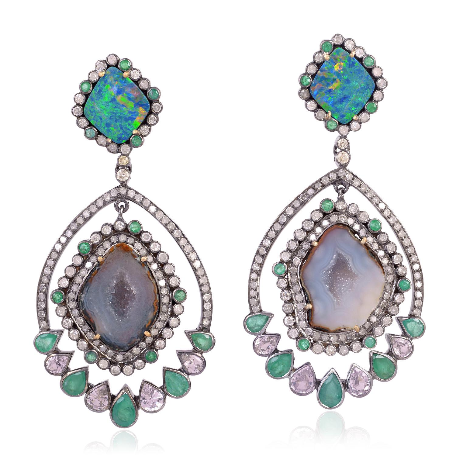 Mixed Cut 18.3 Carat Opal Diamond Emerald Geode Earrings For Sale