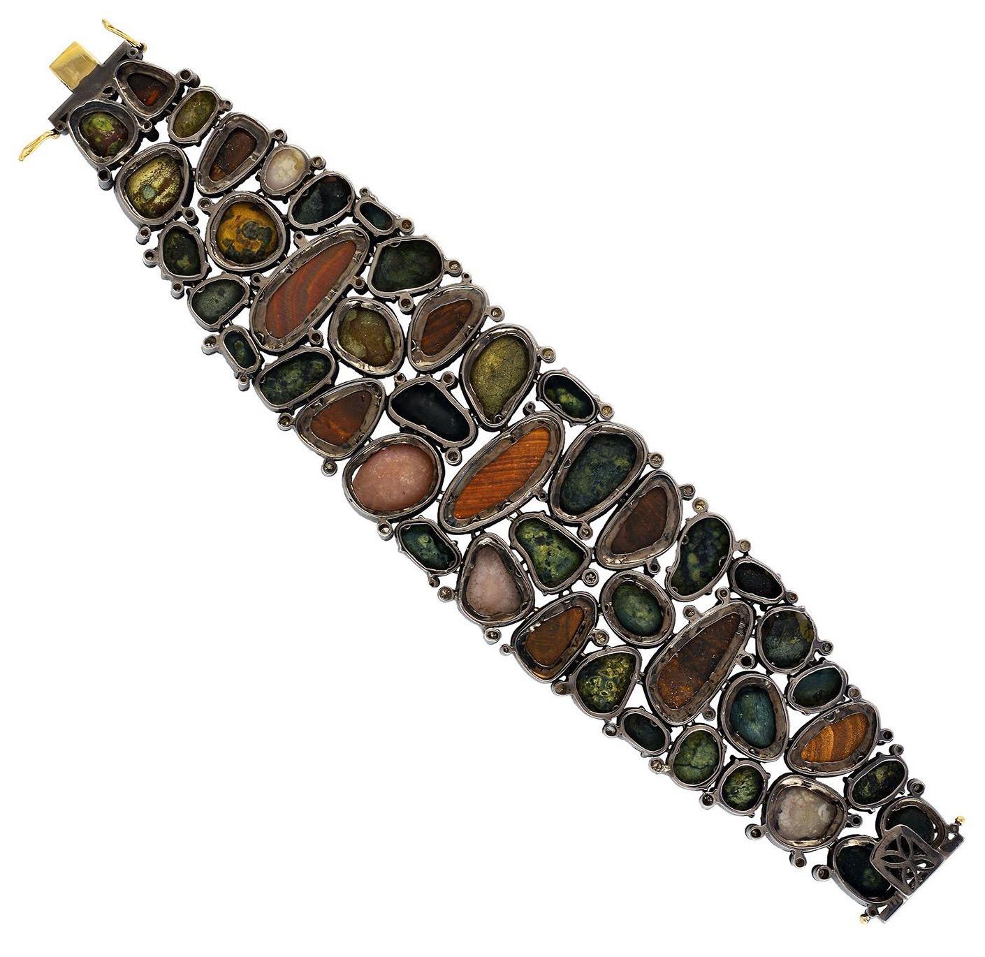 25,22 Karat Opal Diamant Geodes Armband Manschette (Gemischter Schliff) im Angebot
