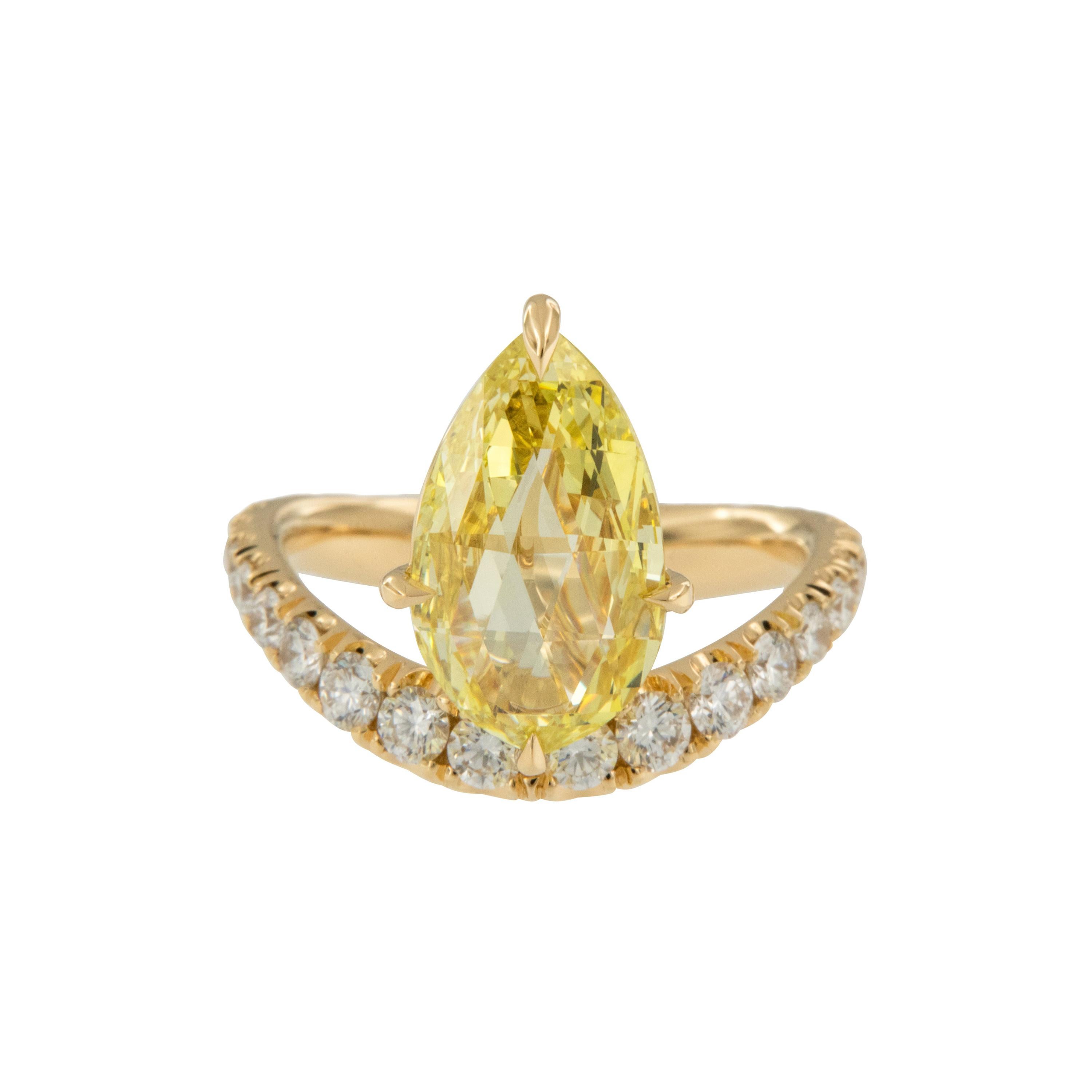 One of a Kind GIA 2.95 Carat Briolette Cut Fancy Intense Yellow Diamond Ring