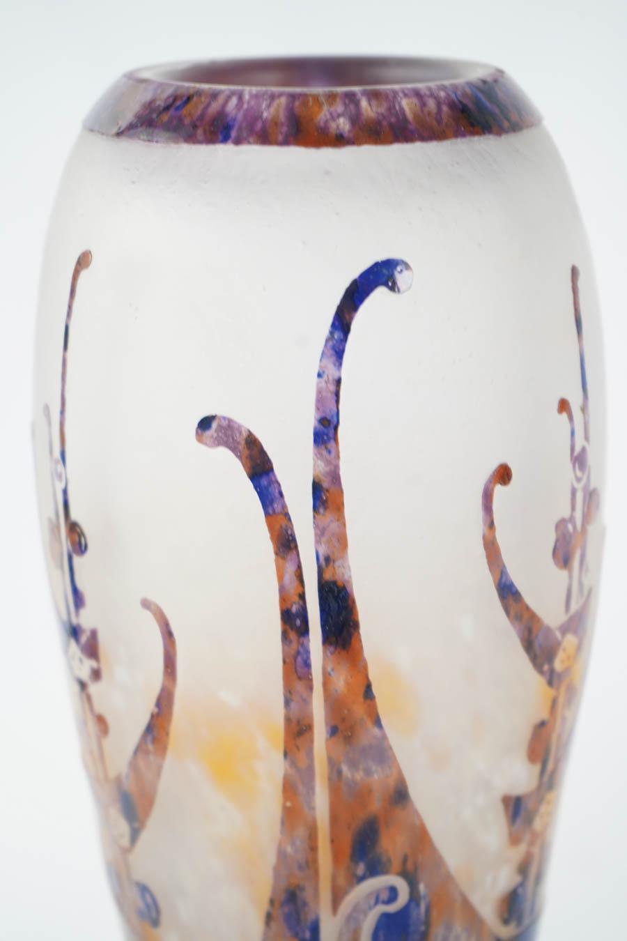 One of a kind glass vase by Le Verre Francais, signed on base, France, 1930s.
Le Verre Francais was created by Charles Schneider, who originally worked for Daum Nancy, and is renowned for its art glass with bright colors.
This piece is a