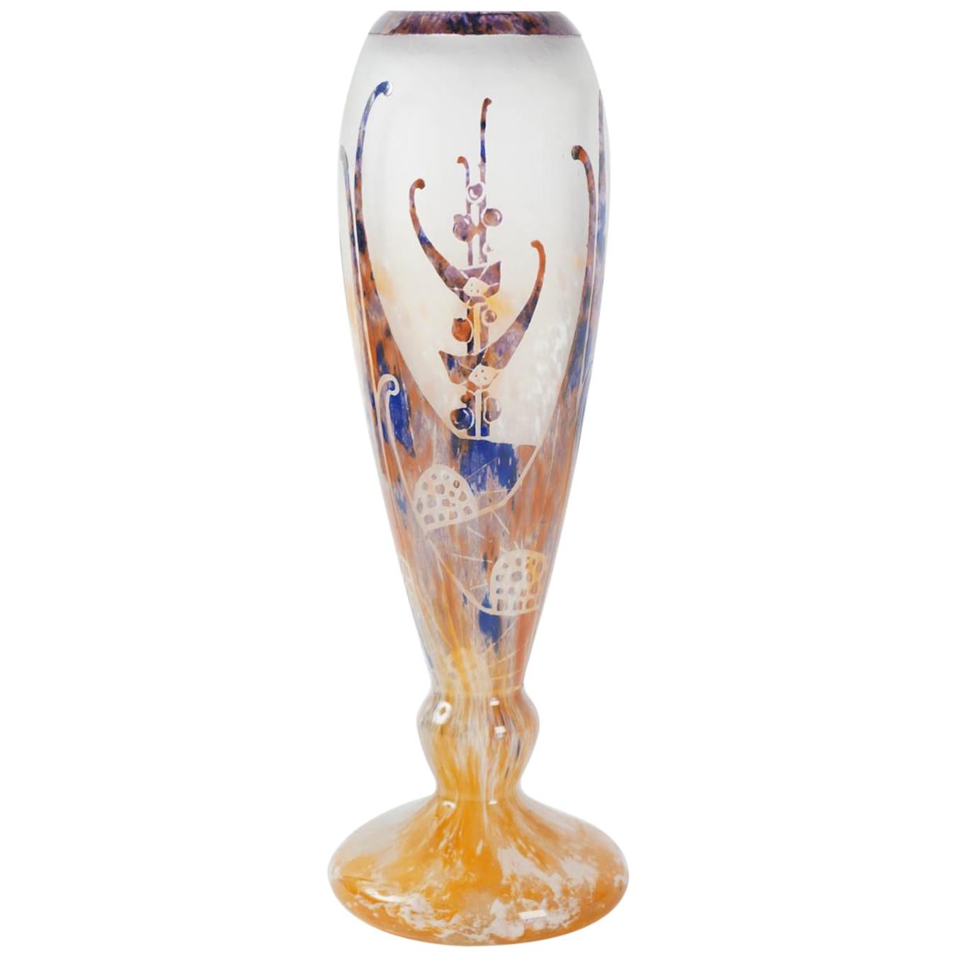 One of a Kind Glass Vase by Le Verre Francais, Signed on Base, France, 1930s