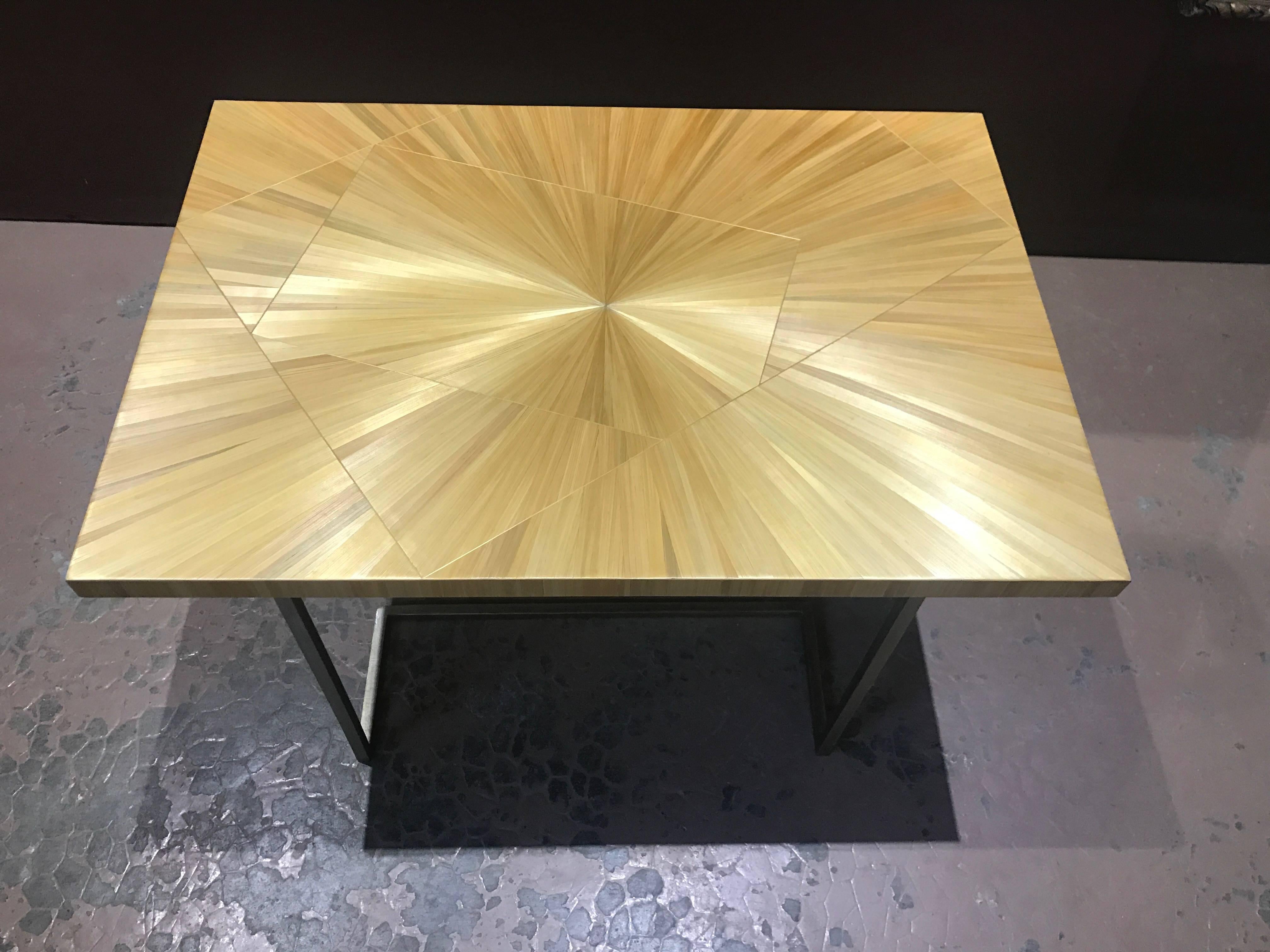 French One of a Kind Gold Straw Marquetry Coffee Side Table, France