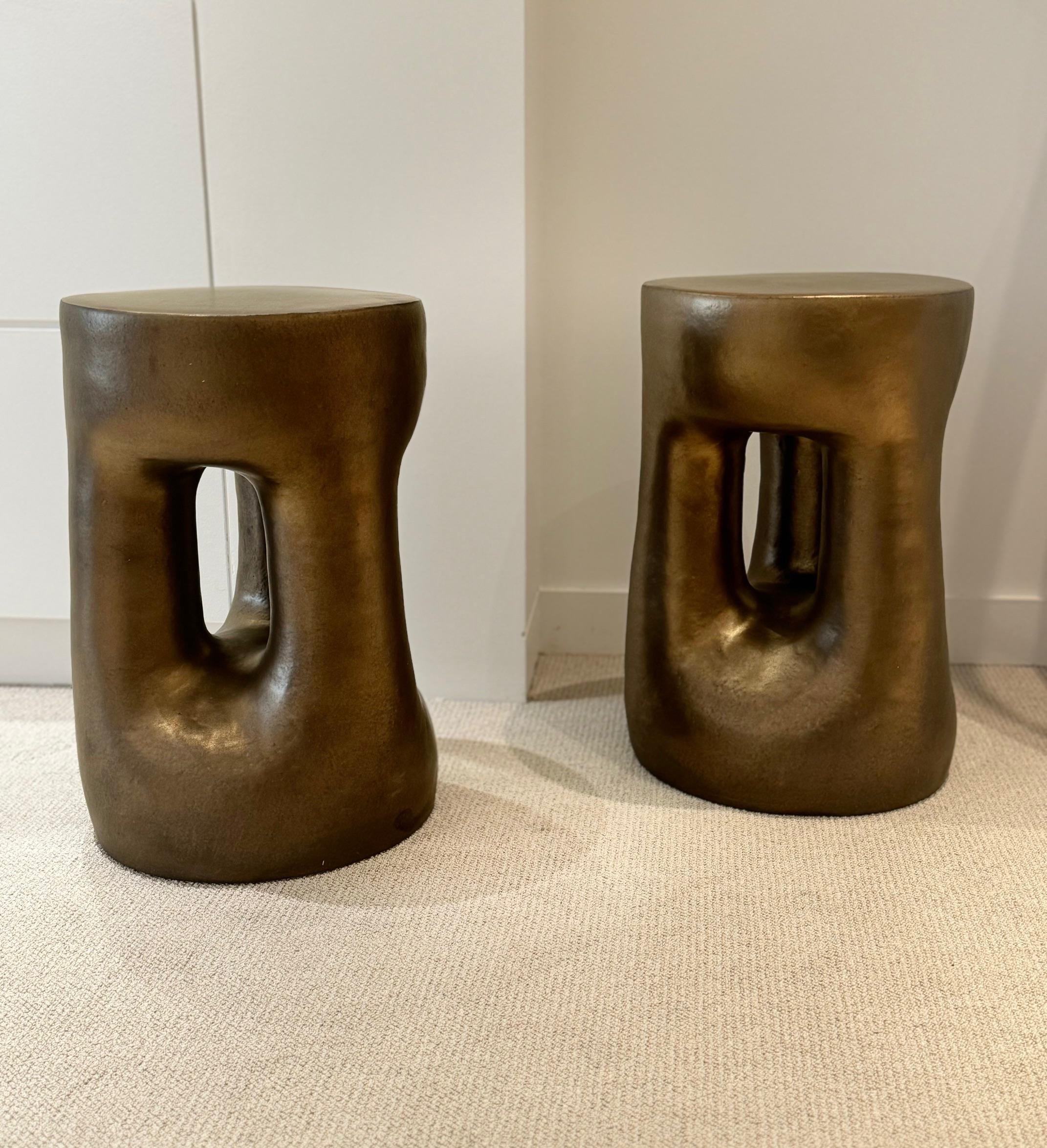 One of a Kind Golden bronze Enamel Ceramic Stools or Side Tables Signed by Dalo In Excellent Condition For Sale In Paris, FR