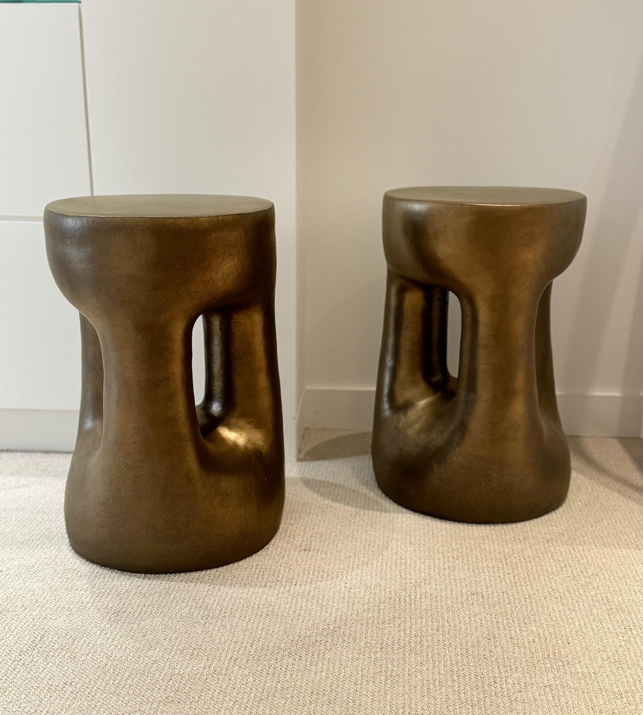 One of a Kind Golden bronze Enamel Ceramic Stools or Side Tables Signed by Dalo For Sale 4