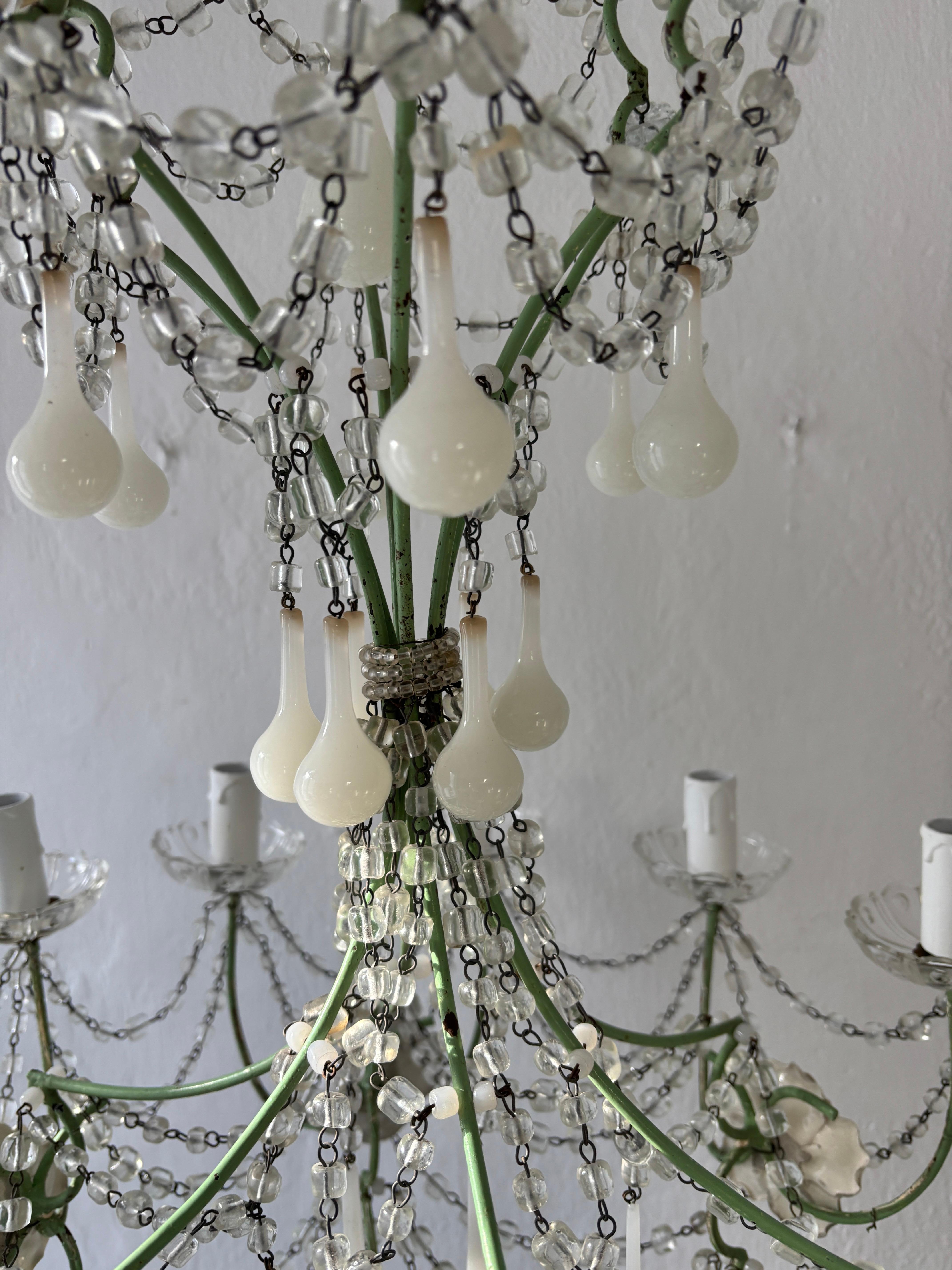 Lustre unique en cristal de chérubin avec roses opalines vertes et blanches 12 Lights en vente 3