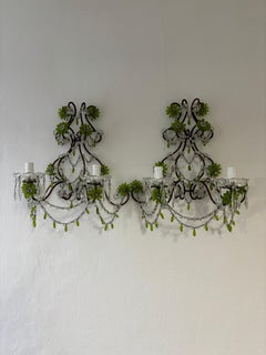 One of a Kind Green Chartreuse Murano Glass Macaroni Swags Italian Sconces 1900