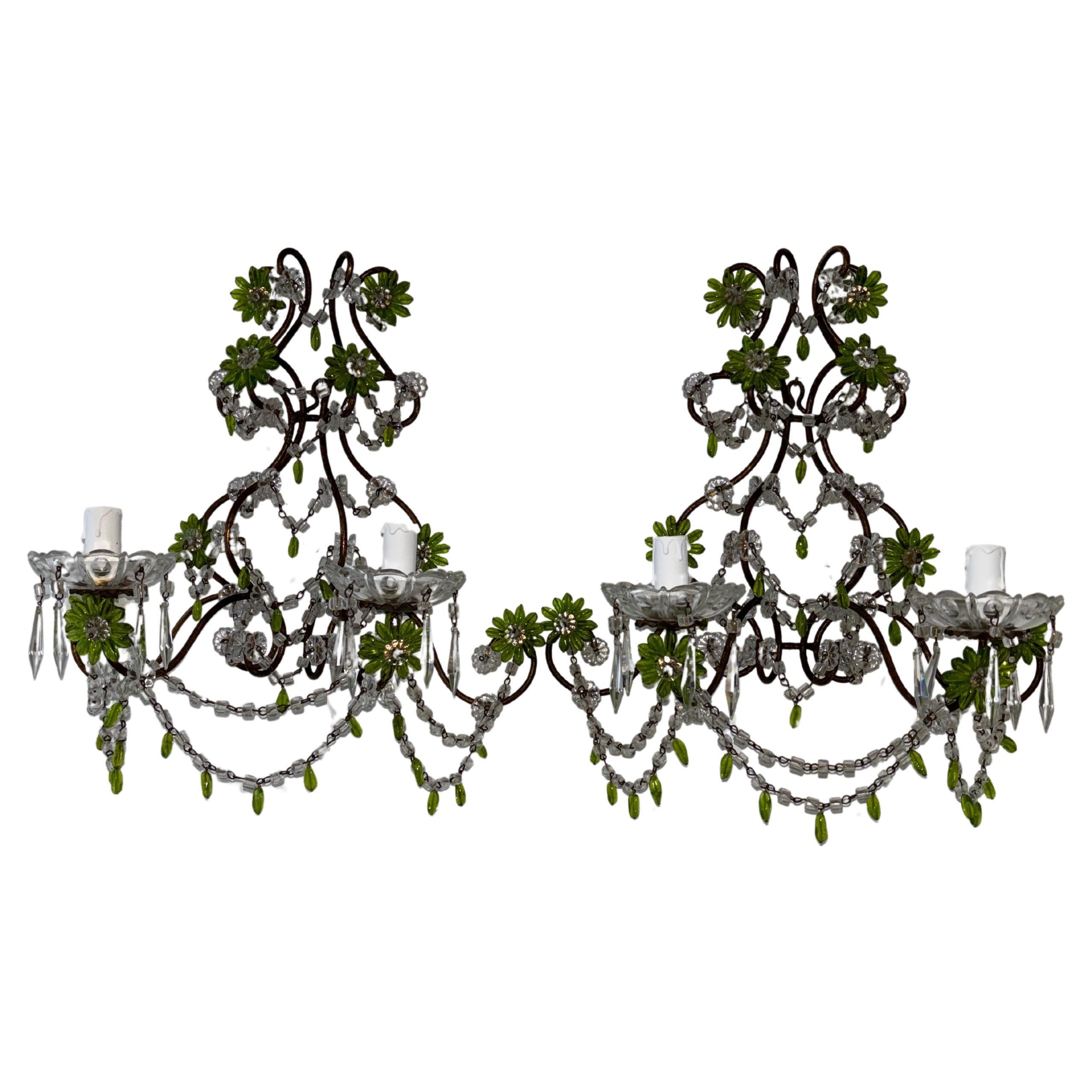 One of a Kind Green Chartreuse Murano Glass Macaroni Swags Italian Sconces 1900  For Sale