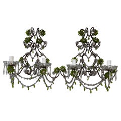 One of a Kind Green Chartreuse Murano Glass Macaroni Swags Italian Sconces 1900 