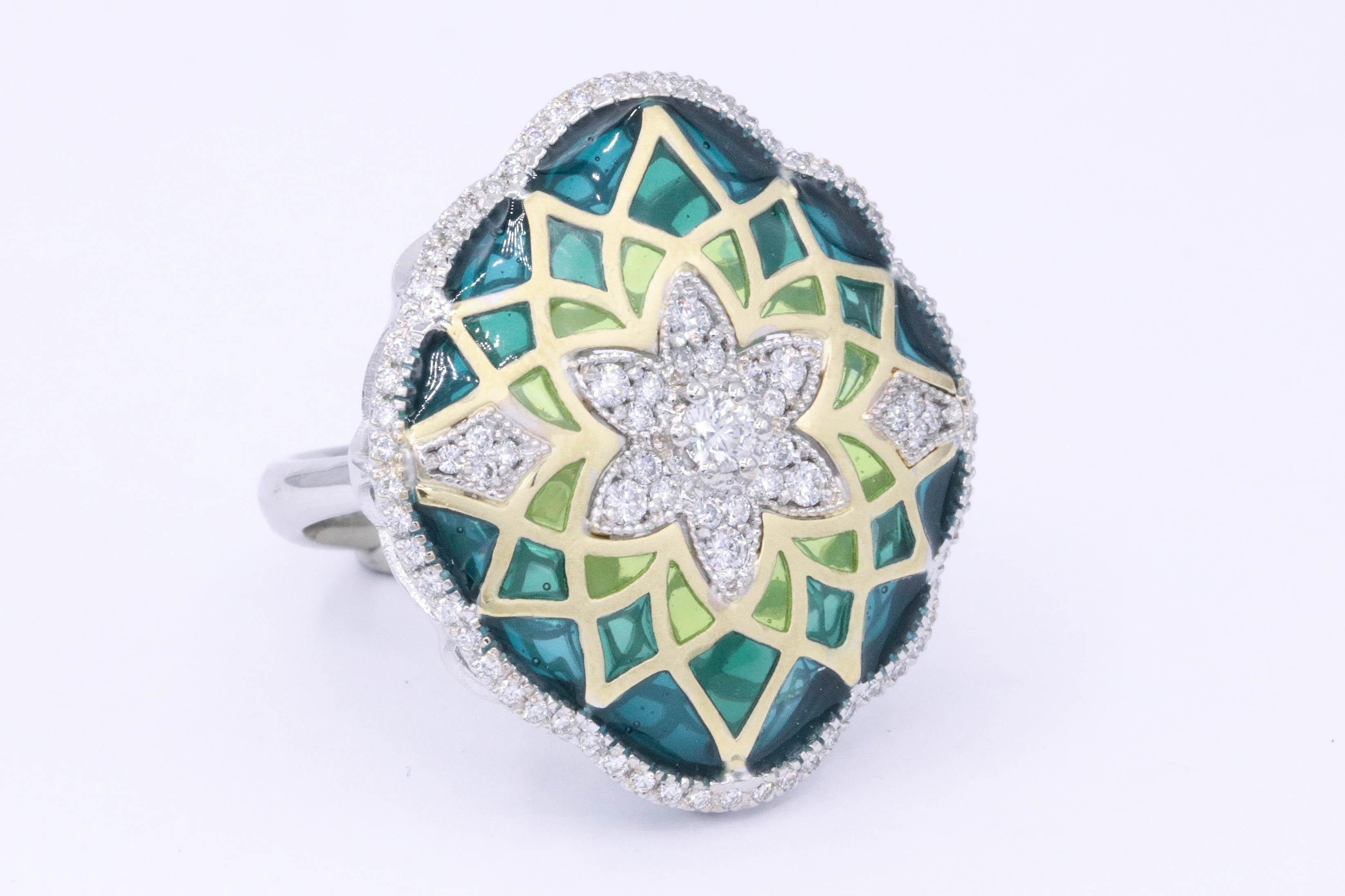 Contemporary Italian Green Enamel and Diamond Floral Cocktail Ring 0.73 Carats 18K