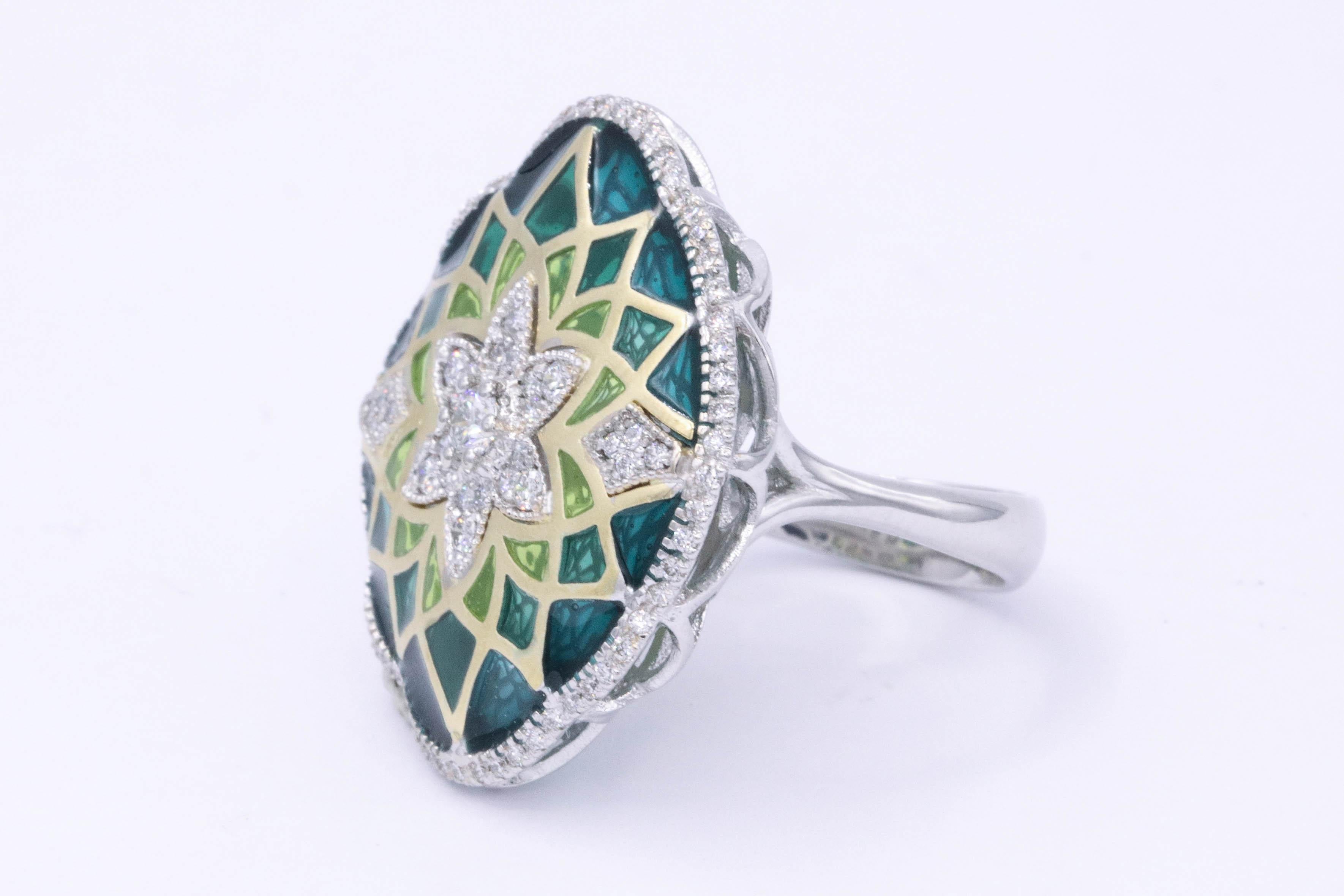 Round Cut Italian Green Enamel and Diamond Floral Cocktail Ring 0.73 Carats 18K