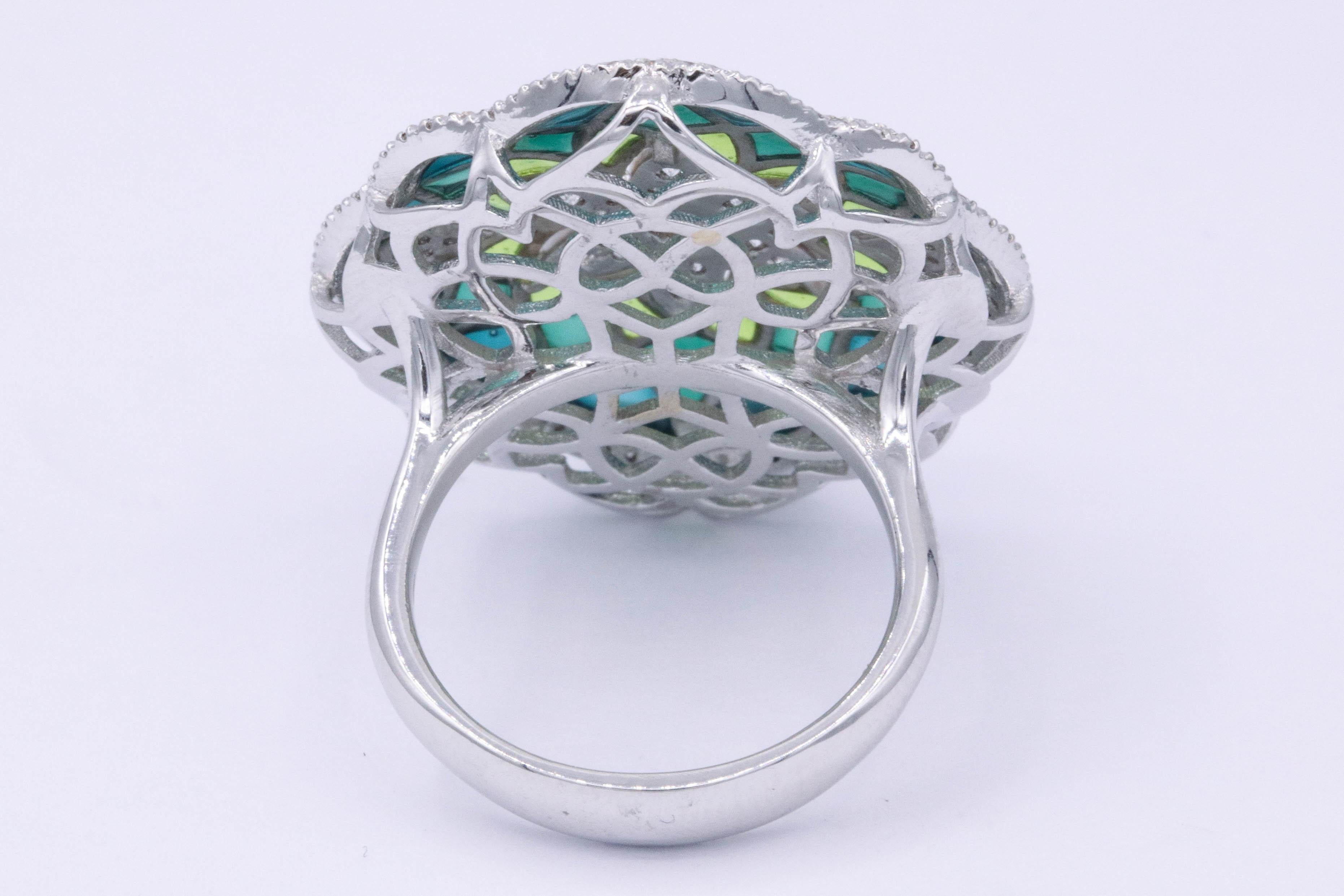 Italian Green Enamel and Diamond Floral Cocktail Ring 0.73 Carats 18K In New Condition In New York, NY