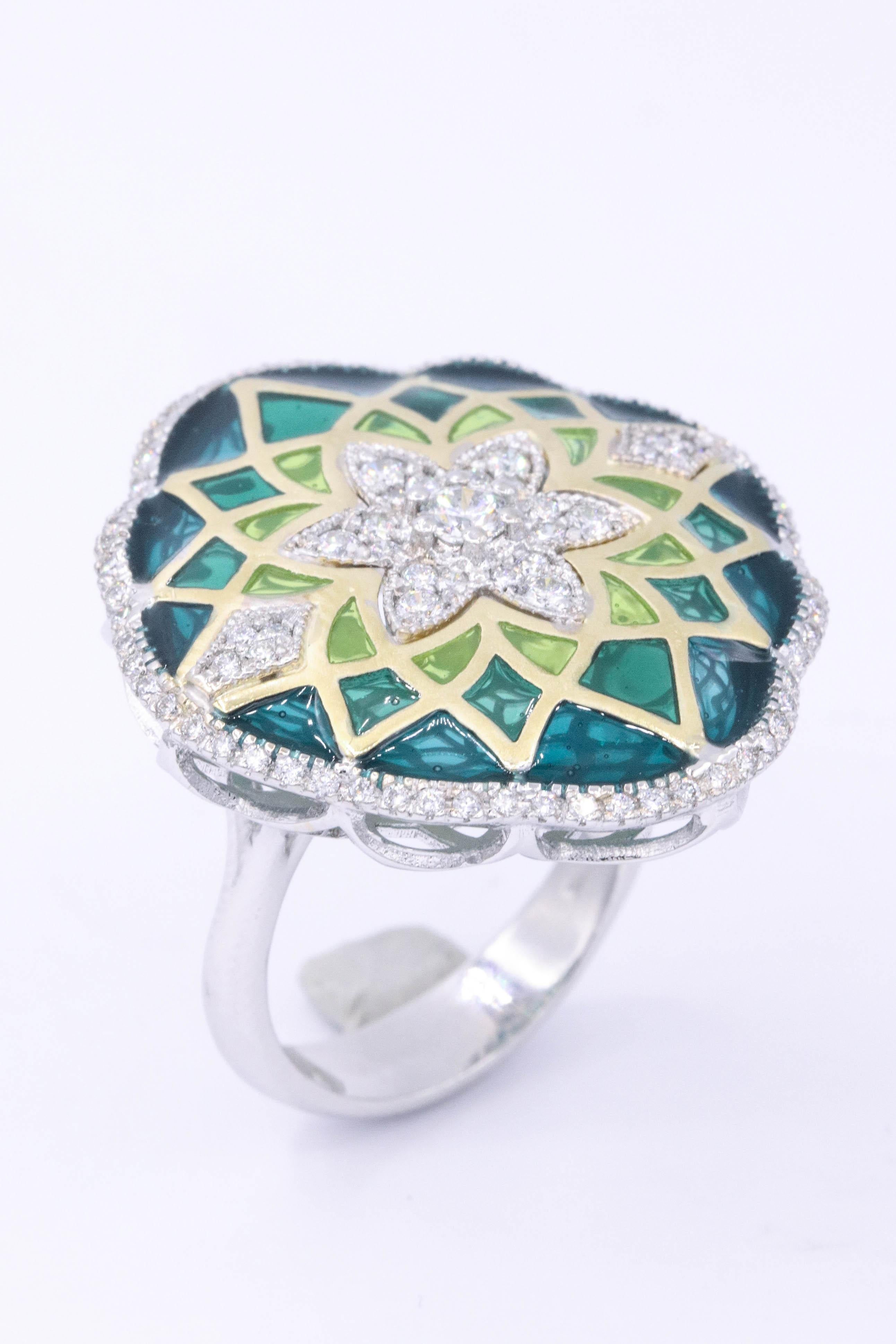 Women's Italian Green Enamel and Diamond Floral Cocktail Ring 0.73 Carats 18K
