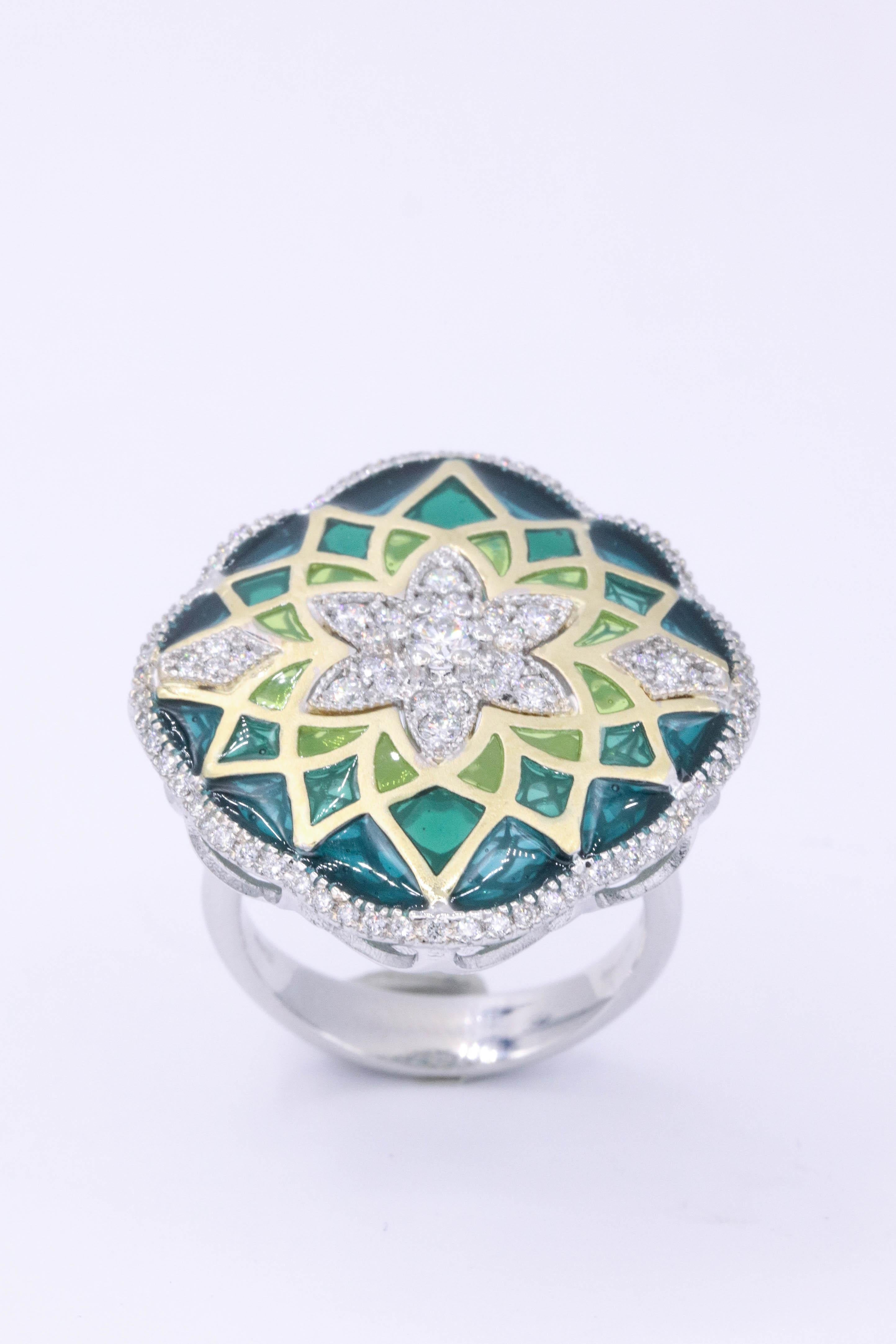 Italian Green Enamel and Diamond Floral Cocktail Ring 0.73 Carats 18K 1