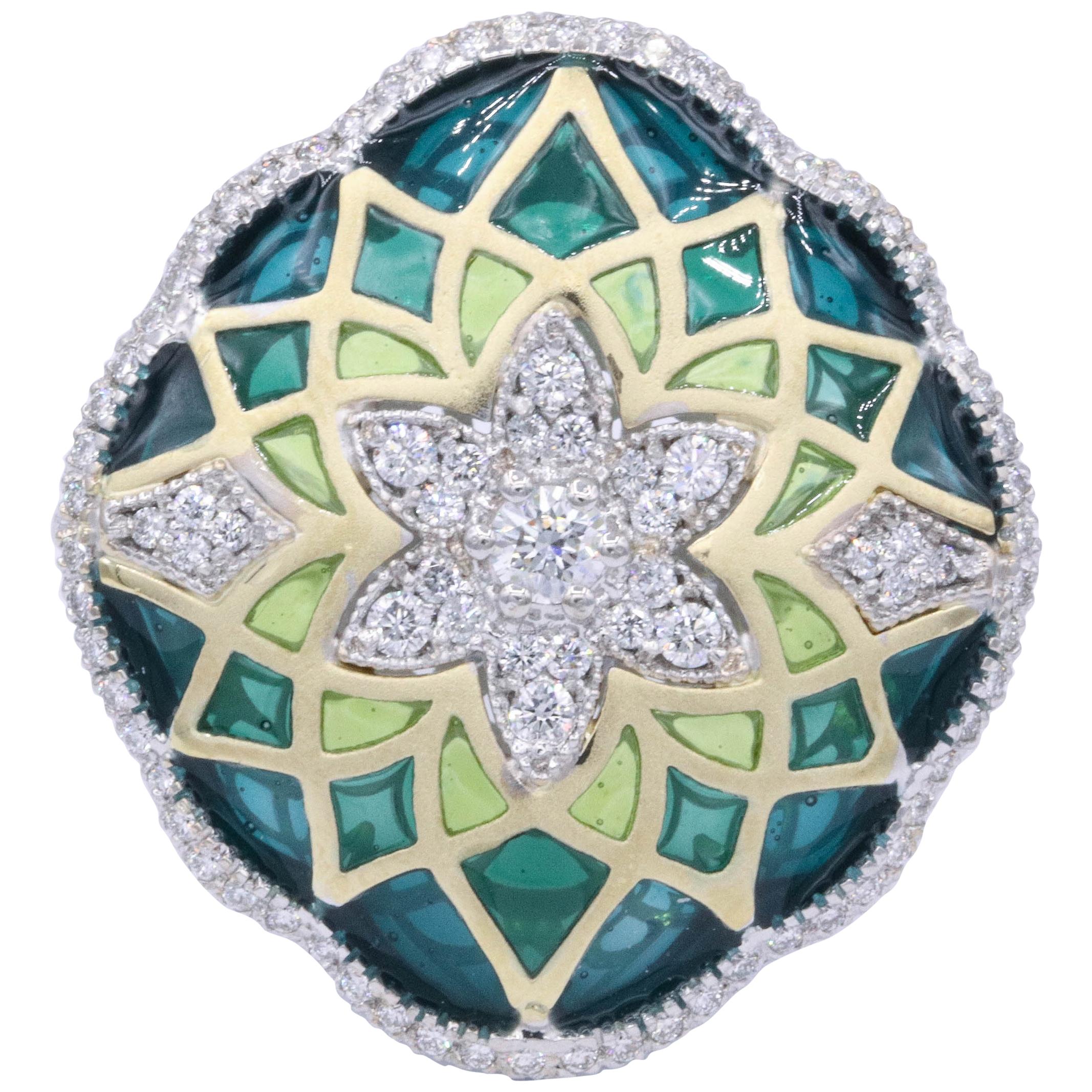 Italian Green Enamel and Diamond Floral Cocktail Ring 0.73 Carats 18K