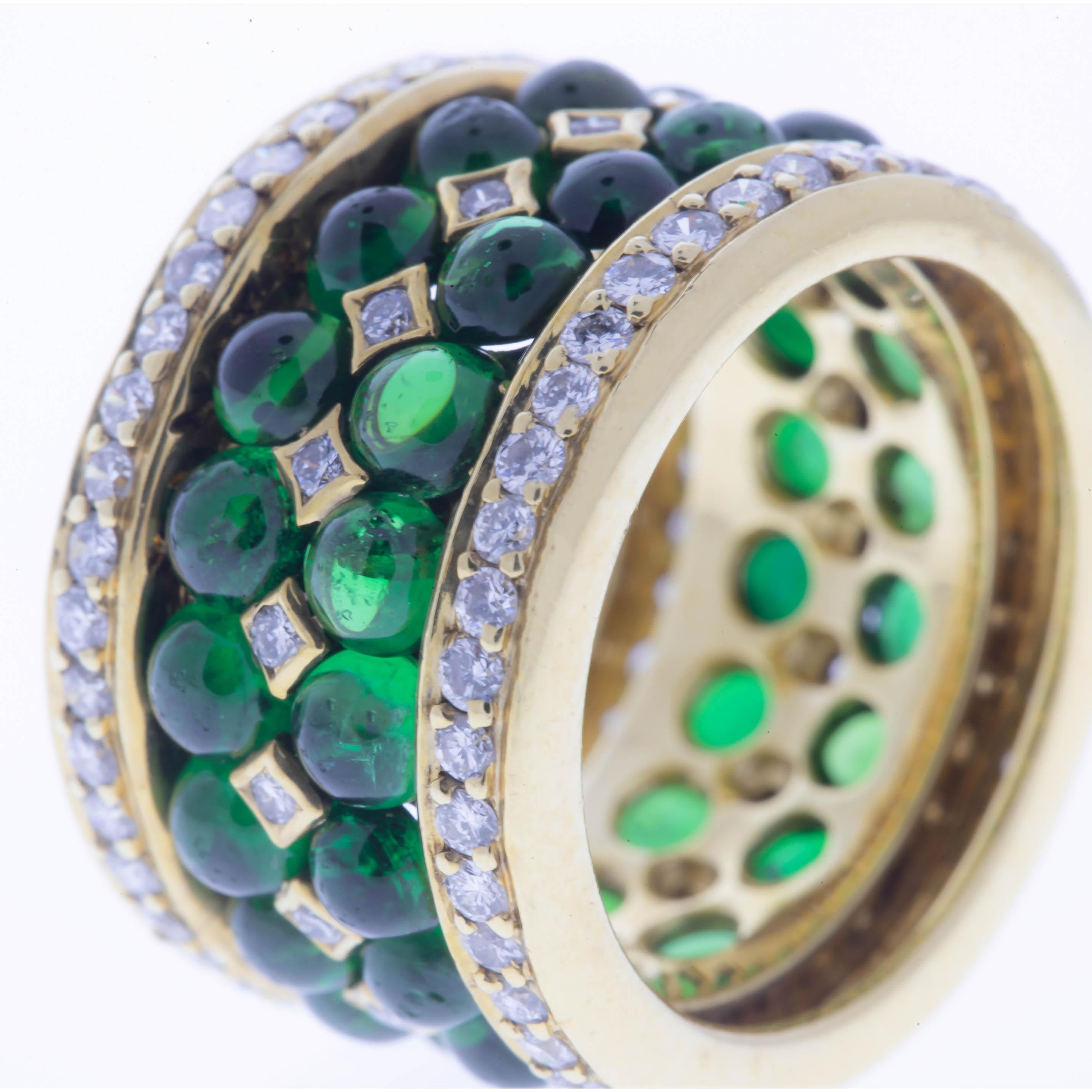 Round Cut One of a Kind Green Tourmaline Cabochon and Diamond Ring For Sale