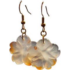 One-of-a-Kind Hand-Carved Agate Flower Earrings, Vintage