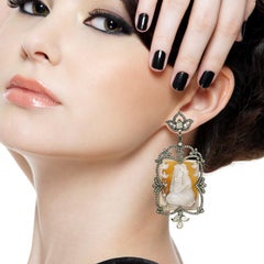 Artisan Shell Cameo Diamond Drop Motif Earrings In 18K Gold & Silver
