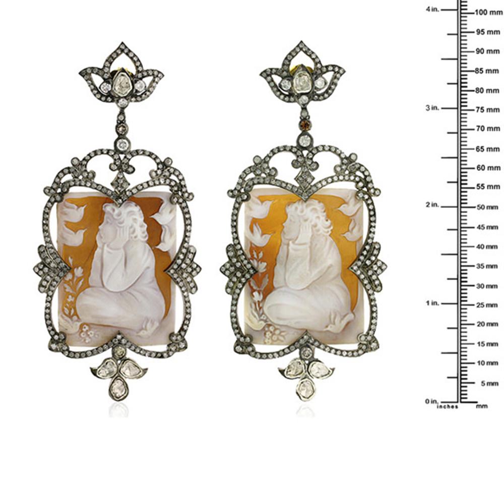 Art Nouveau One of a Kind Hand Carved Shell Cameo with Diamond Motif Around For Sale