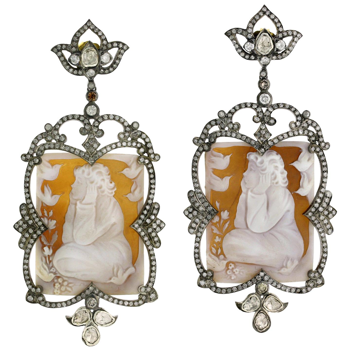 One of a Kind Hand Carved Shell Cameo with Diamond Motif Around For Sale