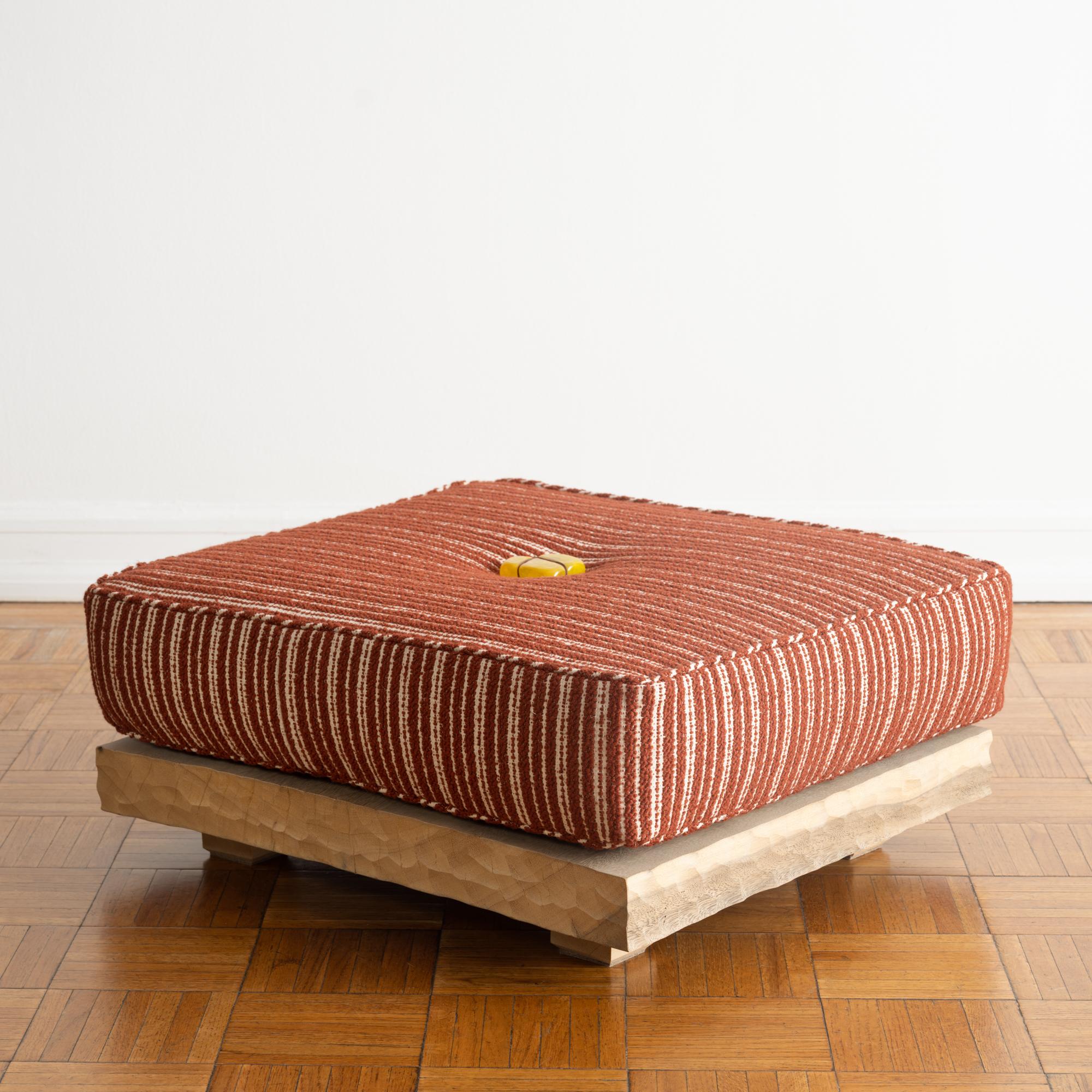 American Low Ottoman with Upholstered Seat Cushion on Hand-carved Reclaimed Wood Base For Sale