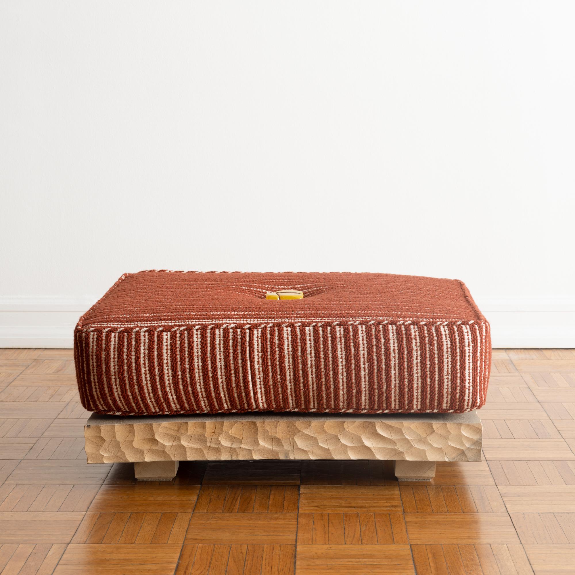 Hand-Crafted Low Ottoman with Upholstered Seat Cushion on Hand-carved Reclaimed Wood Base For Sale