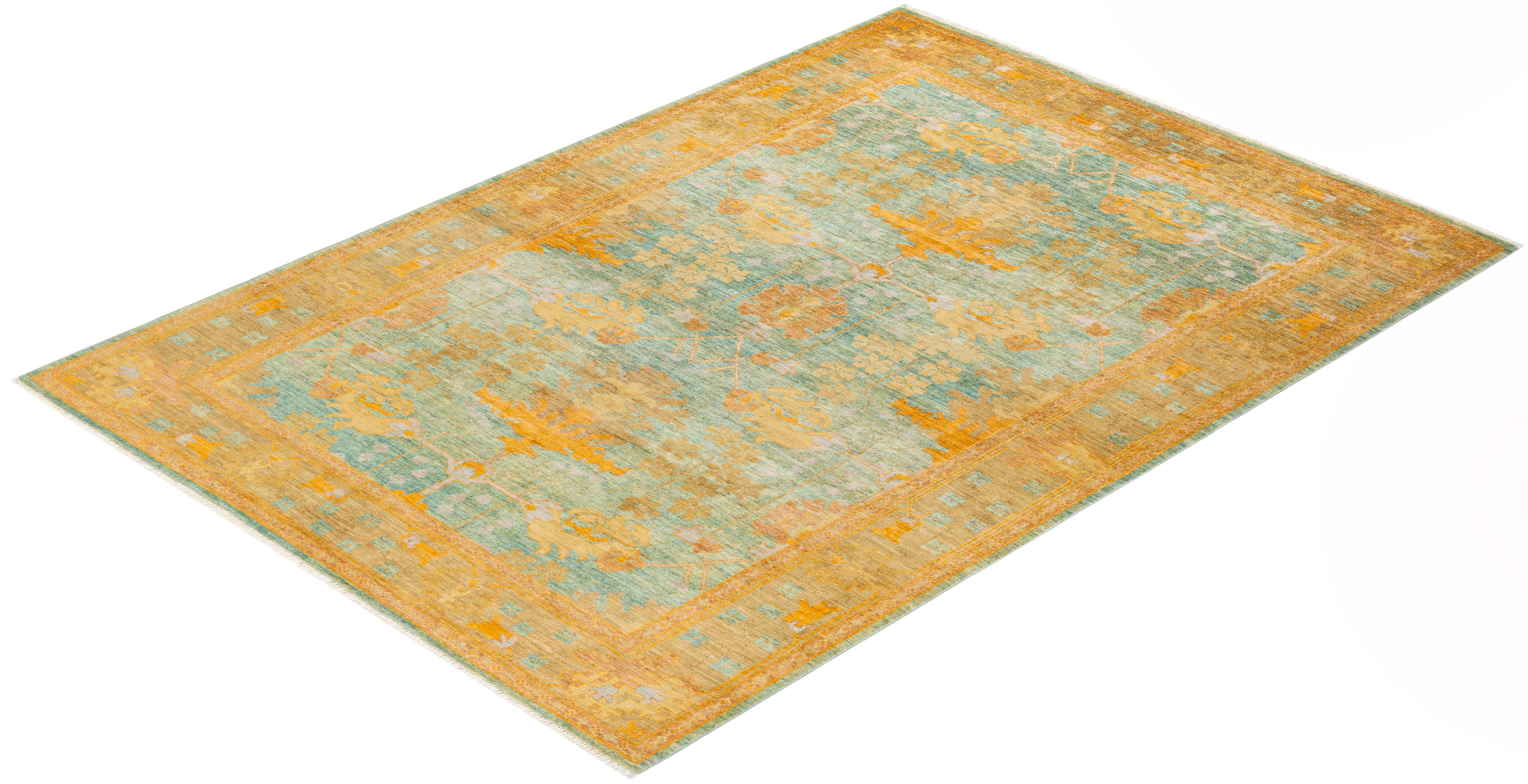 One-of-a-kind Hand Knotted Abstract Arts & Crafts Green Area Rug For Sale 2