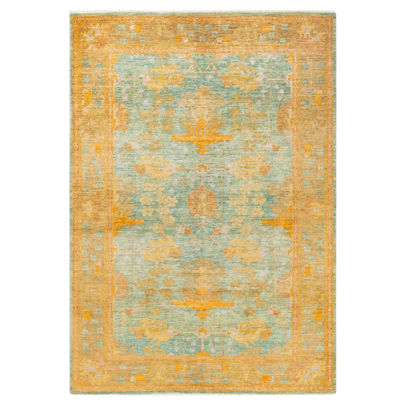 One-of-a-kind Hand Knotted Abstract Arts & Crafts Green Area Rug For Sale