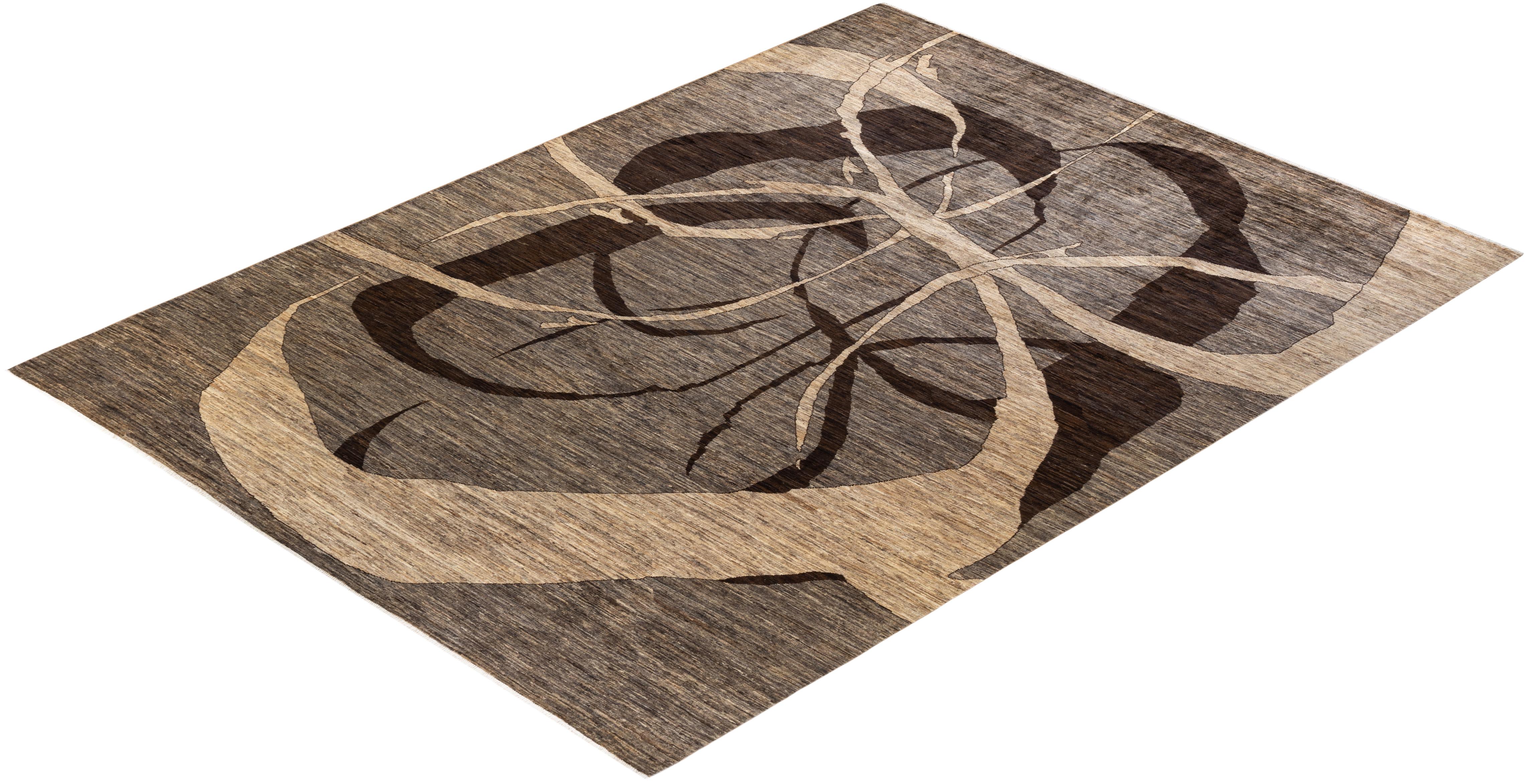 One-of-a-kind Hand Knotted Abstract Eclectic Beige Area Rug For Sale 2