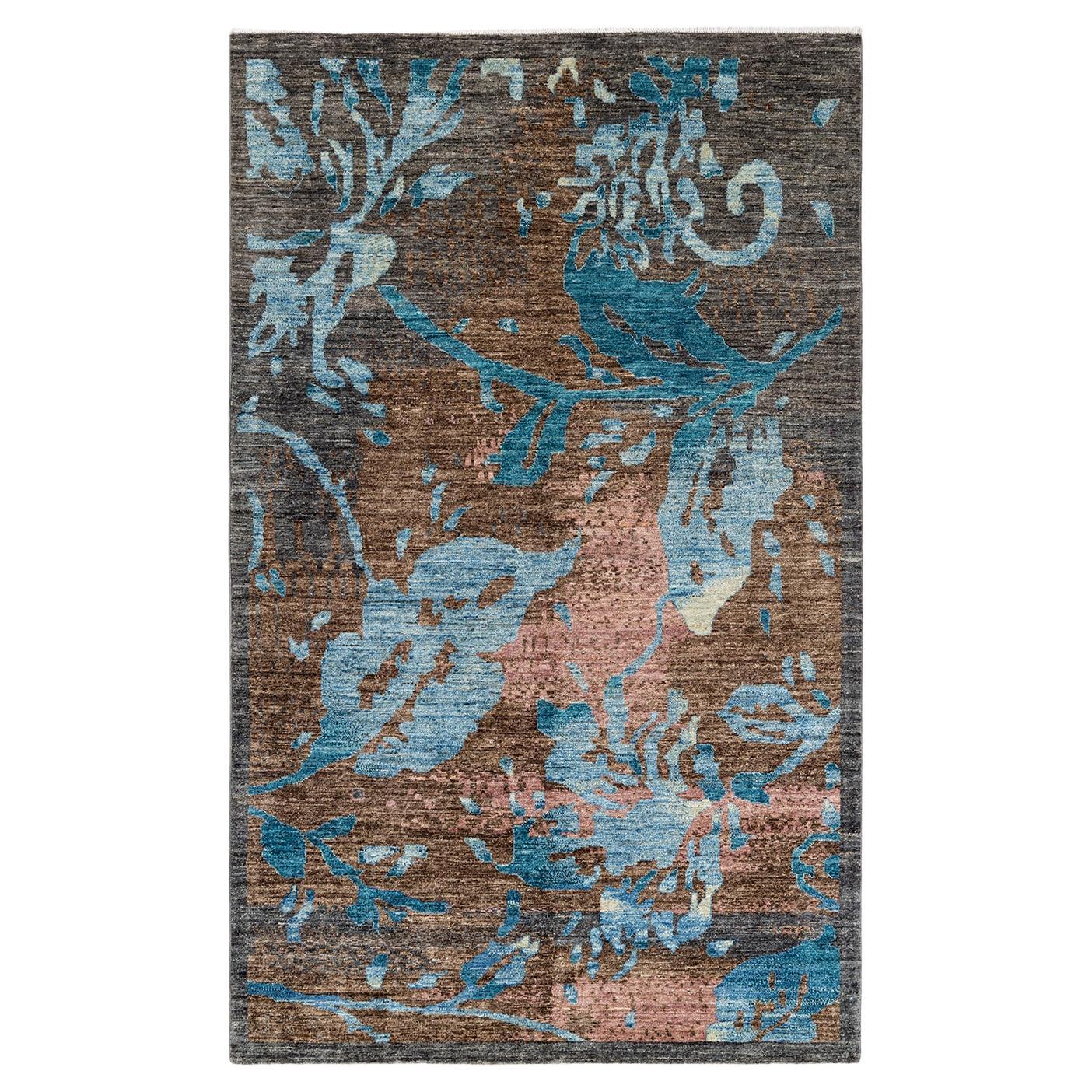 Handgeknüpfter abstrakter, eklektischer grauer Teppich, Unikat