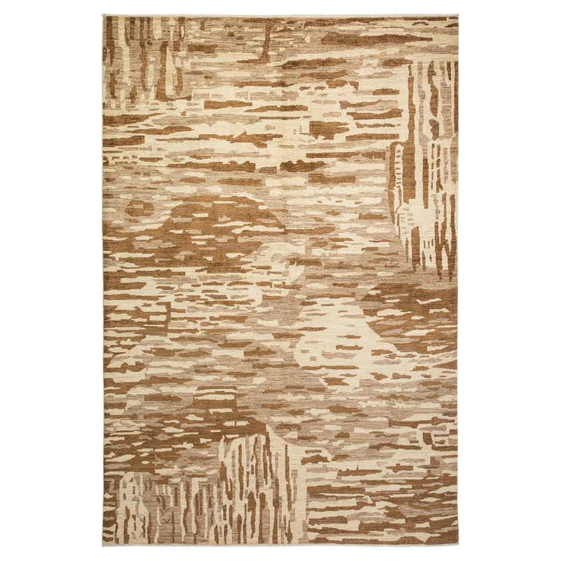 One of a Kind Hand Knotted Contemporary Abstract Eclectic Ivory Area ...