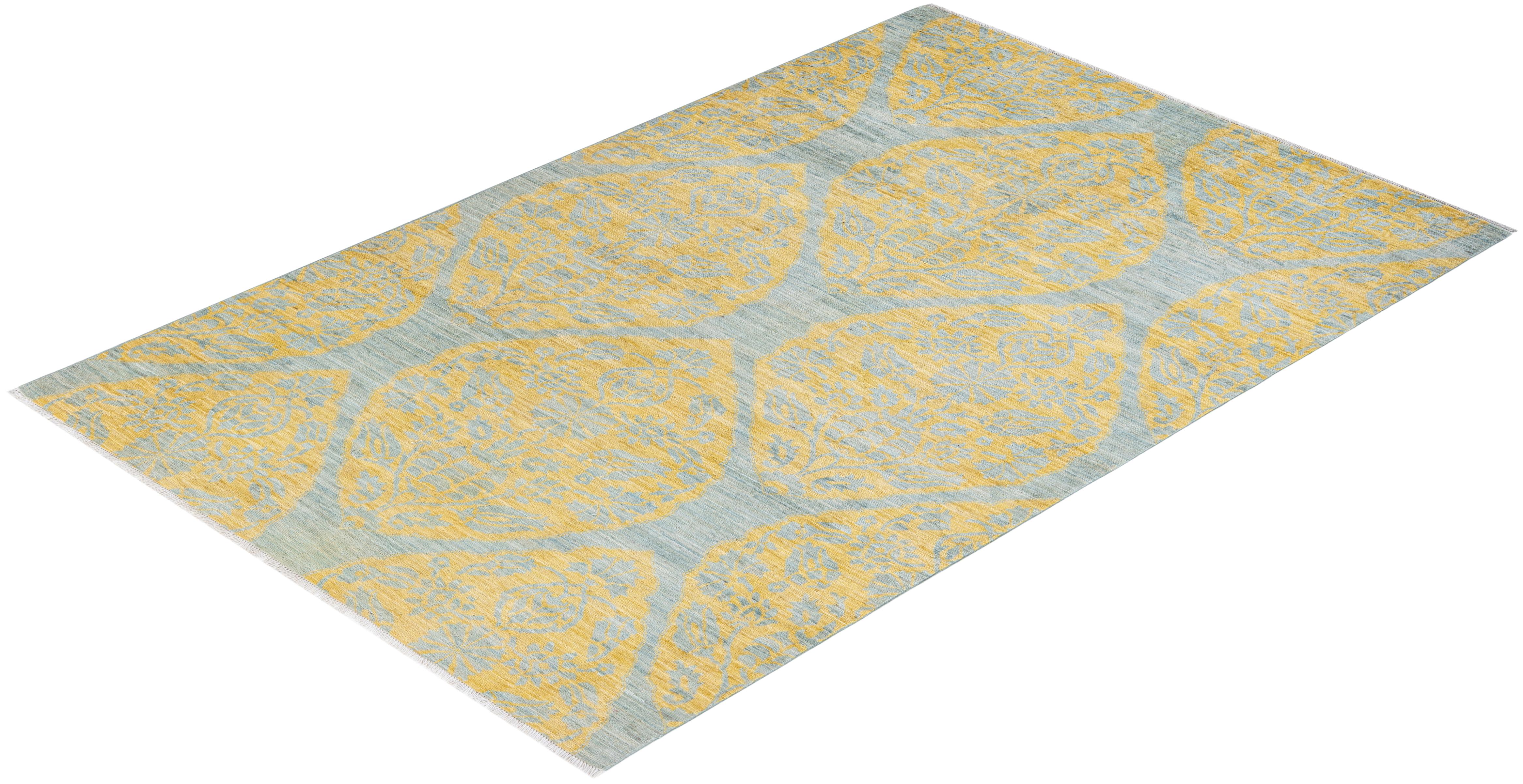 One-of-a-kind Hand Knotted Abstract Eclectic Light Blue Area Rug For Sale 2
