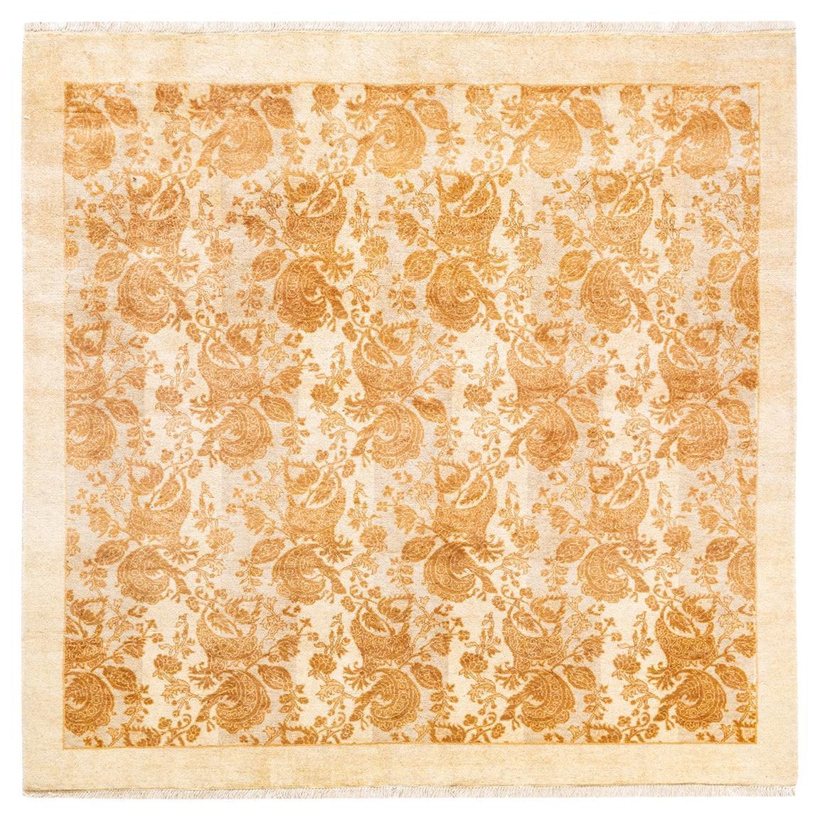 One-Of-A-Kind Hand Knotted Abstract Mogul Ivory Area Rug 4' 3" x 4' 3" For Sale