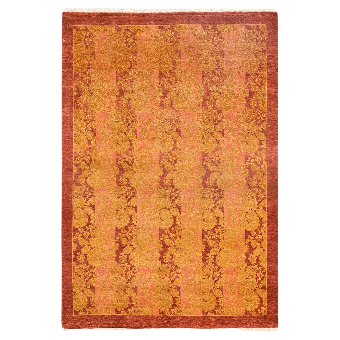 One-Of-A-Kind Hand Knotted Abstract Mogul Pink Area Rug 4' 1" x 6' 1" For Sale