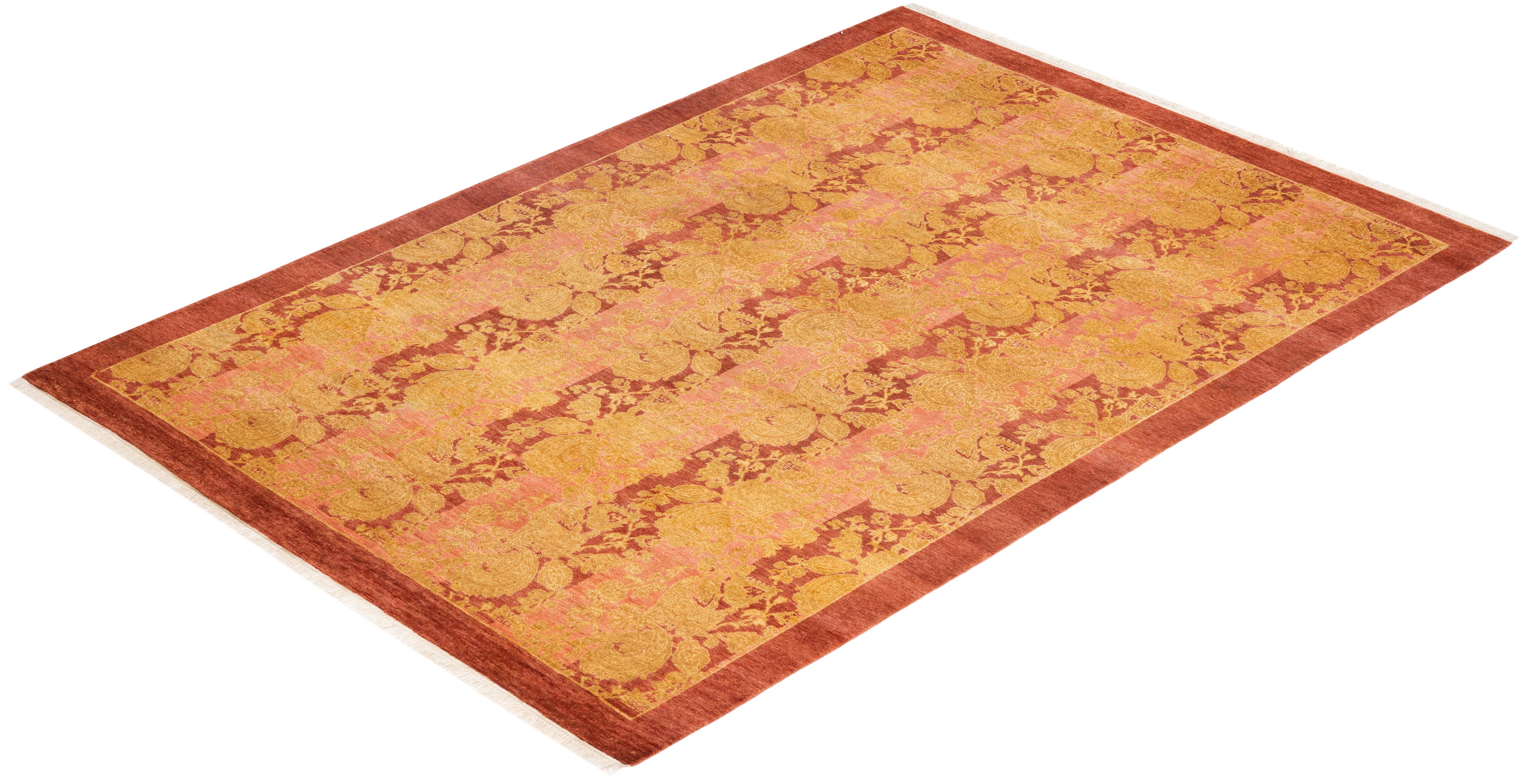 One-of-a-kind Hand Knotted Abstract Mogul Pink Area Rug For Sale 2