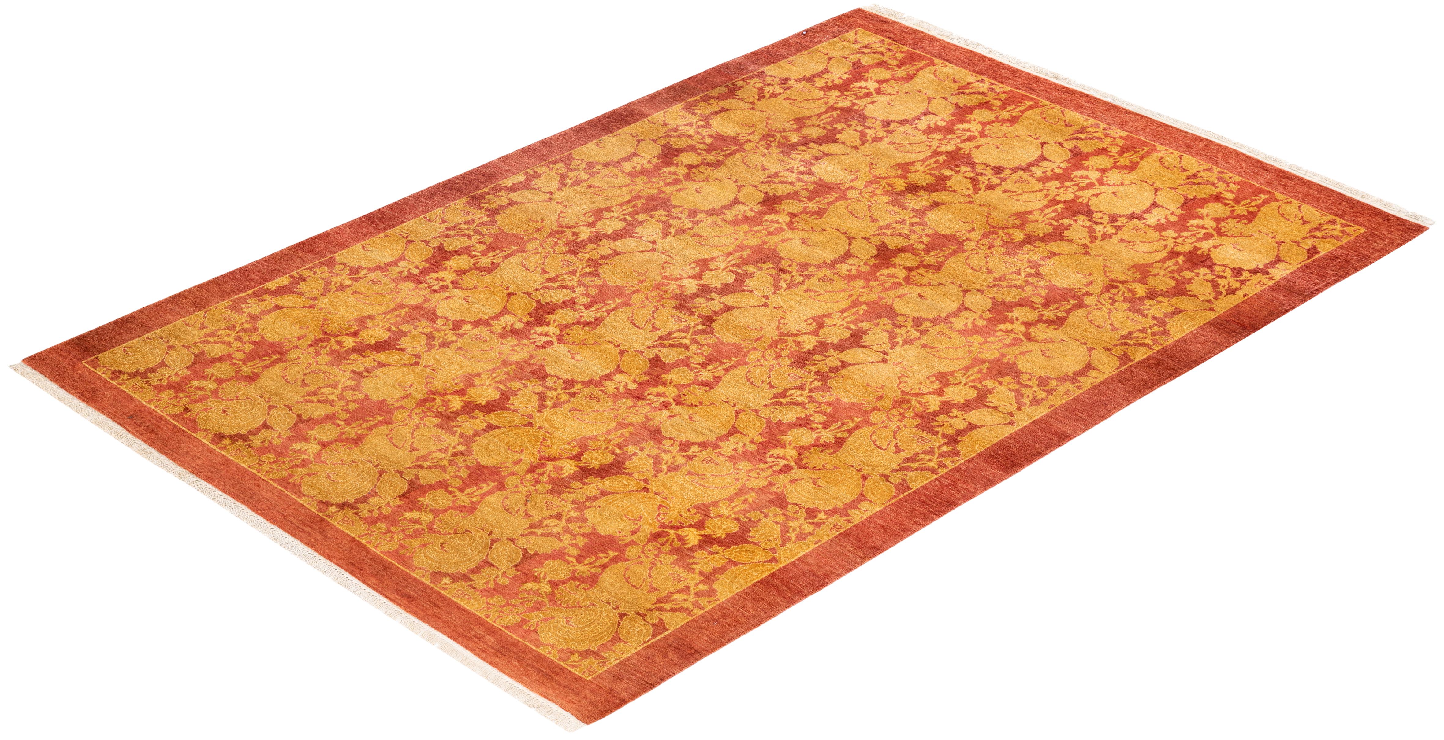 One-of-a-Kind Hand Knotted Abstract Mogul Pink Area Rug For Sale 2