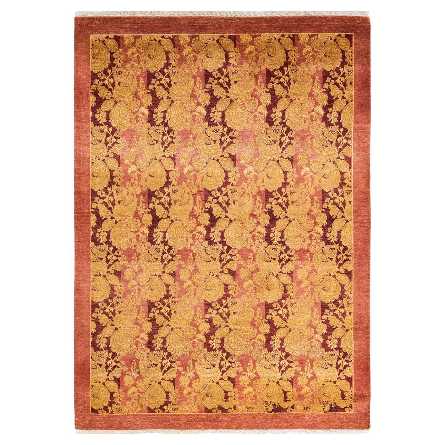 One-of-a-kind Hand Knotted Abstract Mogul Pink Area Rug For Sale