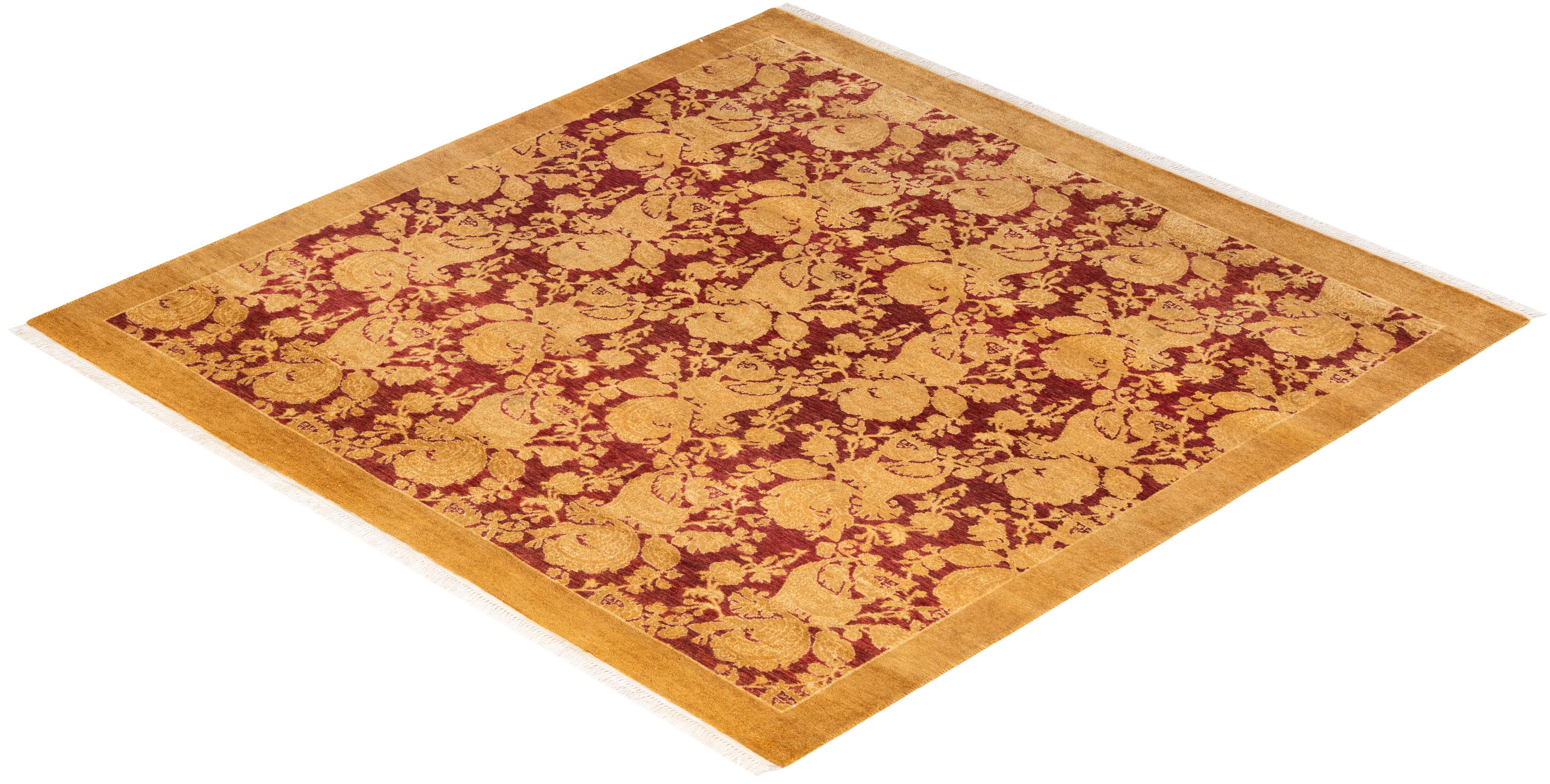 One-of-a-kind Hand Knotted Abstract Mogul Yellow Area Rug For Sale 2
